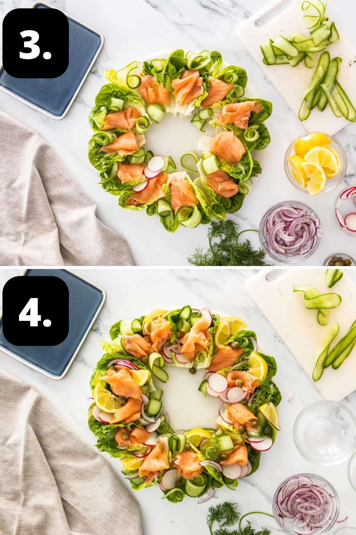 Steps 3-4 of preparing this recipe - adding the other ingredients to the wreath and garnishing with dill sprigs and lemon wedges.