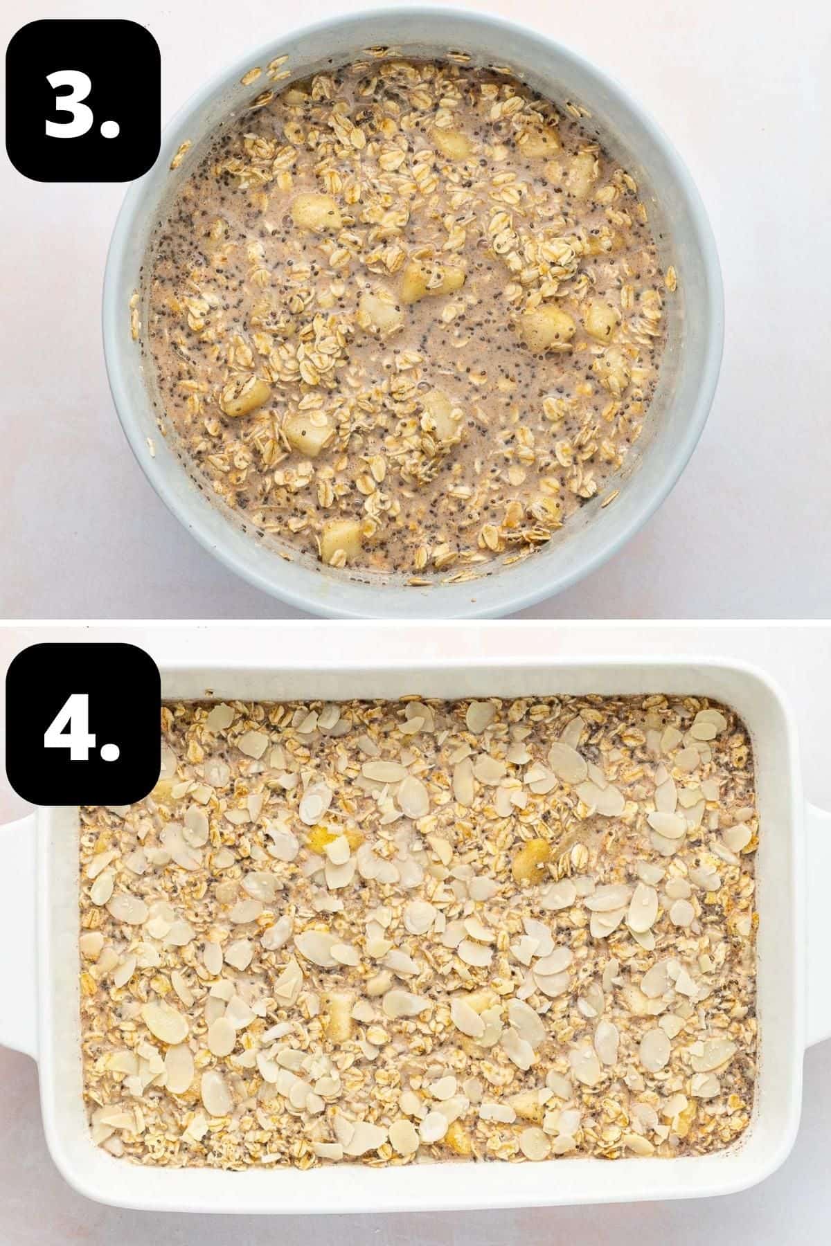 Steps 3-4 of preparing this recipe - the mixture in a bowl and in the rectangular baking dish, topped with flaked almonds.
