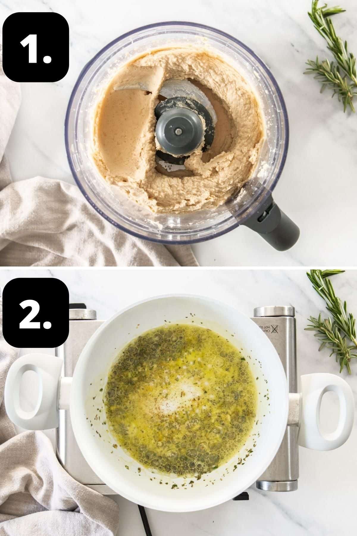 Steps 1-2 of preparing this recipe - the beans blended in a food processor and the garlic, oil and rosemary in a saucepan.