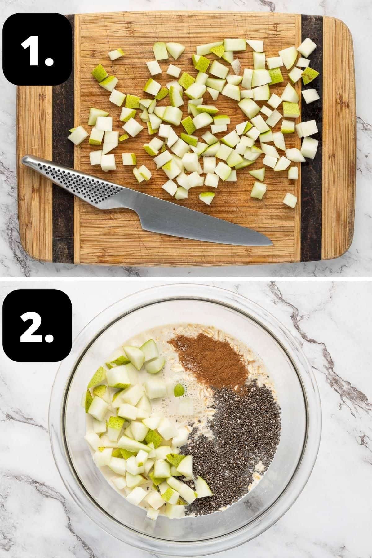 Steps 1-2 of preparing this recipe - chopping up the pear and adding all of the ingredients to a bowl.