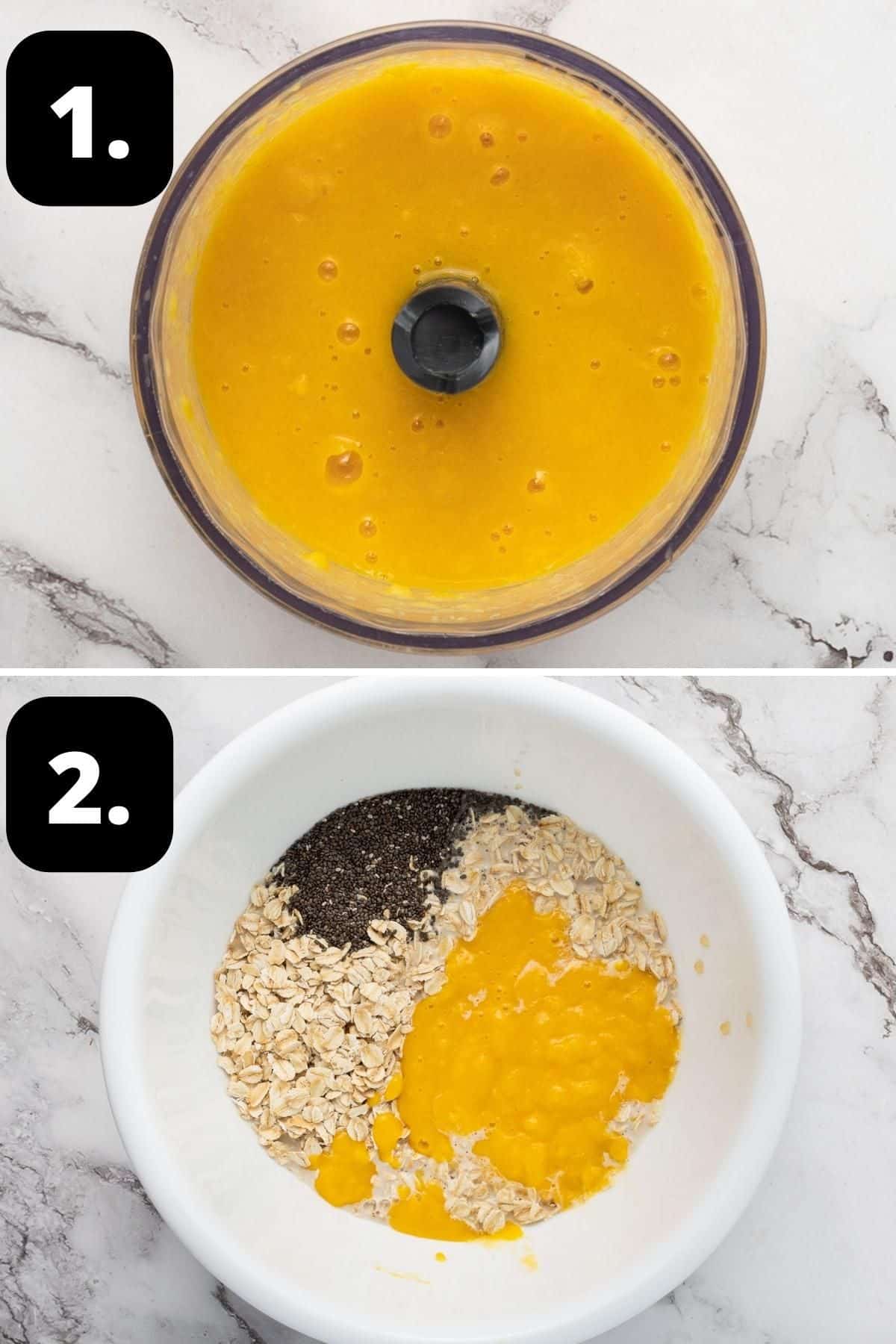 Steps 1-2 of preparing this recipe - the pureed mango and combining all of the ingredients for the oats in a white bowl.