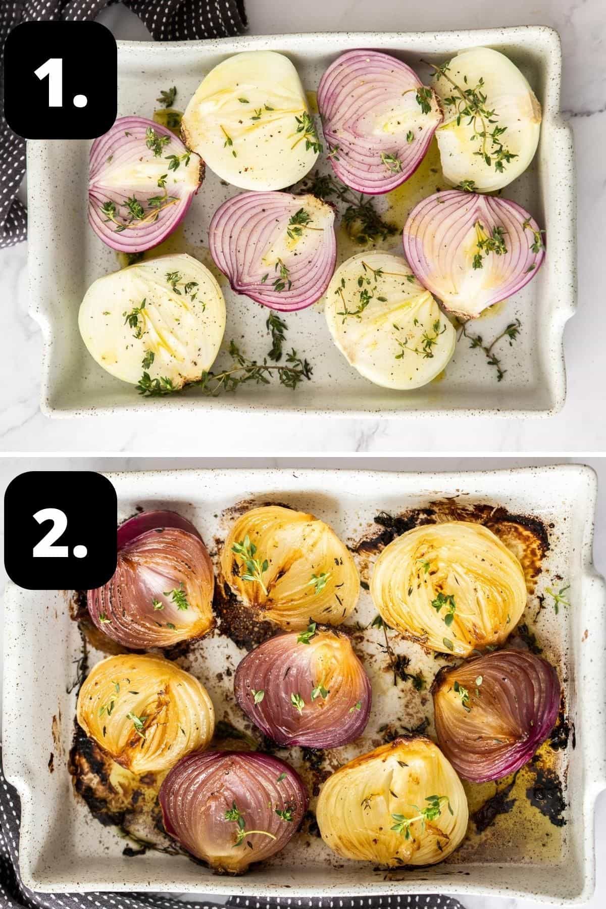 Steps 1-2 of preparing this recipe - the onion halves in a white rectangular baking dish and after they've roasted in the oven.