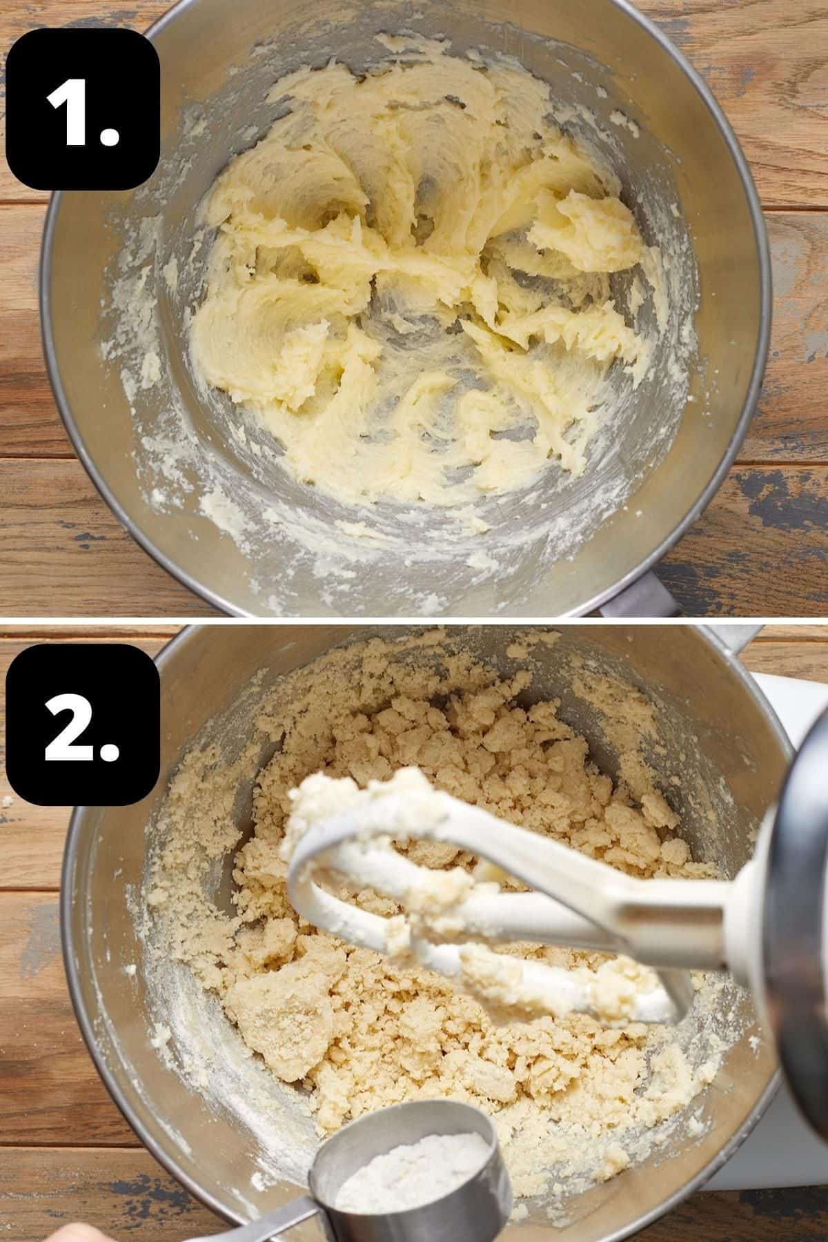 Steps 1-2 of preparing this recipe - creaming the butter and sugar in a bowl and gradually adding the flour to the mixture.