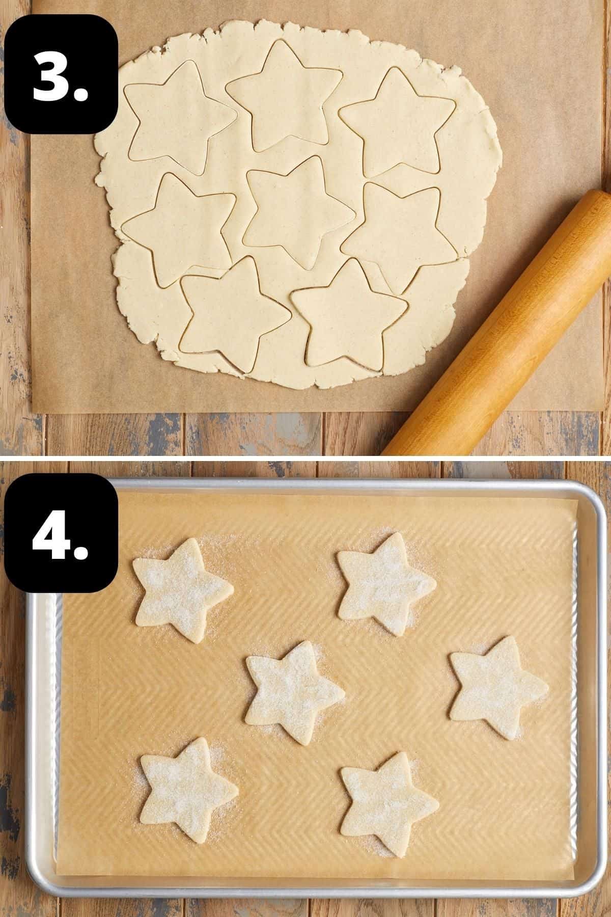 Steps 3-4 of preparing this recipe - the dough rolled out and being cut and the cut cookies on baking tray ready for the oven.