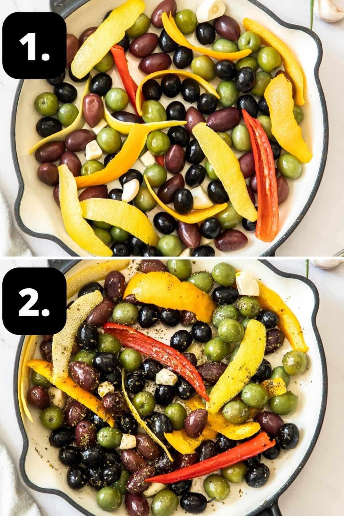 Steps 1-2 of preparing this recipe - the olives and peel in a baking dish, and the olives Steps 1-2 of preparing this recipe - the olives and peel in a baking dish, and the olives with oregano ready for the oven.with oregano ready for the oven.