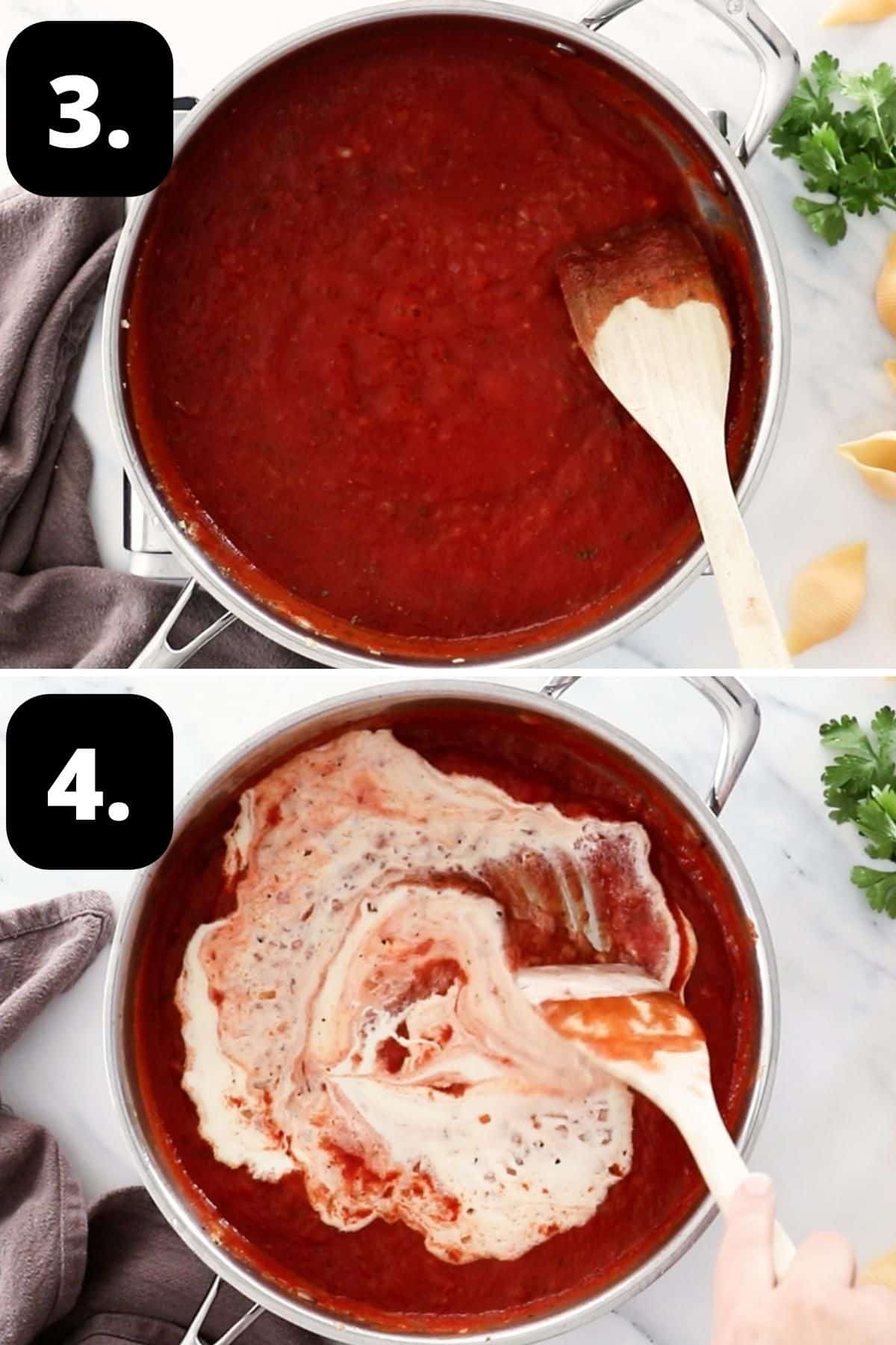 Steps 3-4 of preparing this recipe - the cooked tomato sauce and adding the cream to the sauce.