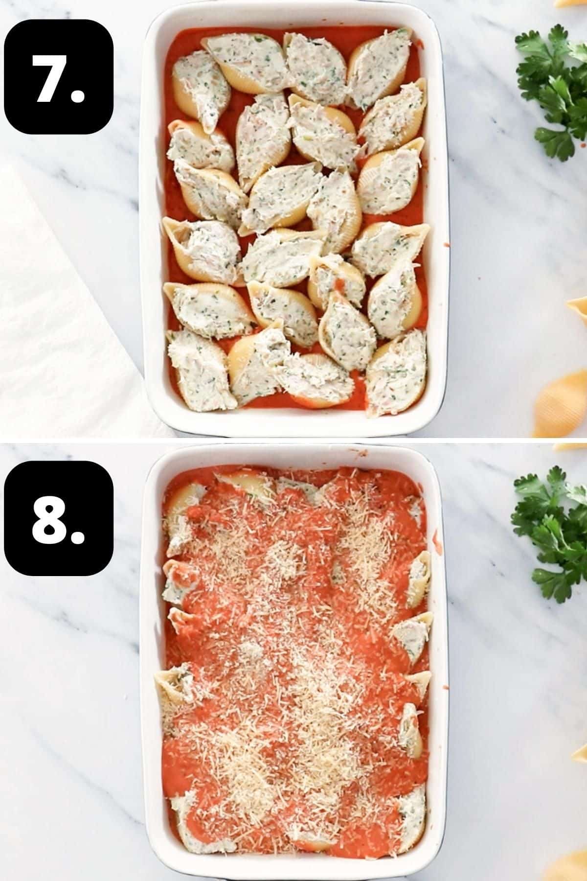 Steps 7-8 of preparing this recipe - the filled pasta shells in baking dish and topped with the sauce and Parmesan cheese.