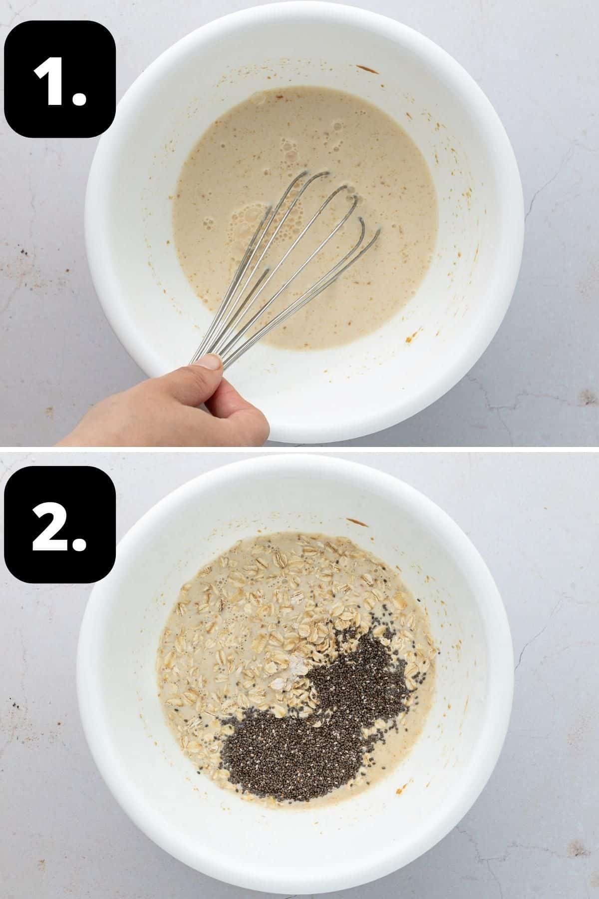 Steps 1-2 of preparing this recipe - whisking the Biscoff spread with milk in a bowl and the remaining ingredients added.