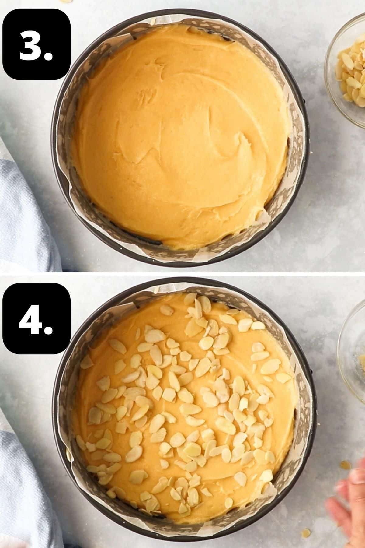 Steps 3-4 of preparing the recipe - the cake batter in the baking tin and topped with flaked almonds, ready for the oven.