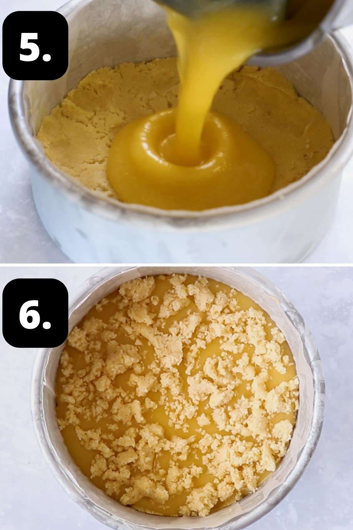 Steps 5-6 of preparing this recipe - pouring the curd onto the cake base and topping with the remaining cake mixture.