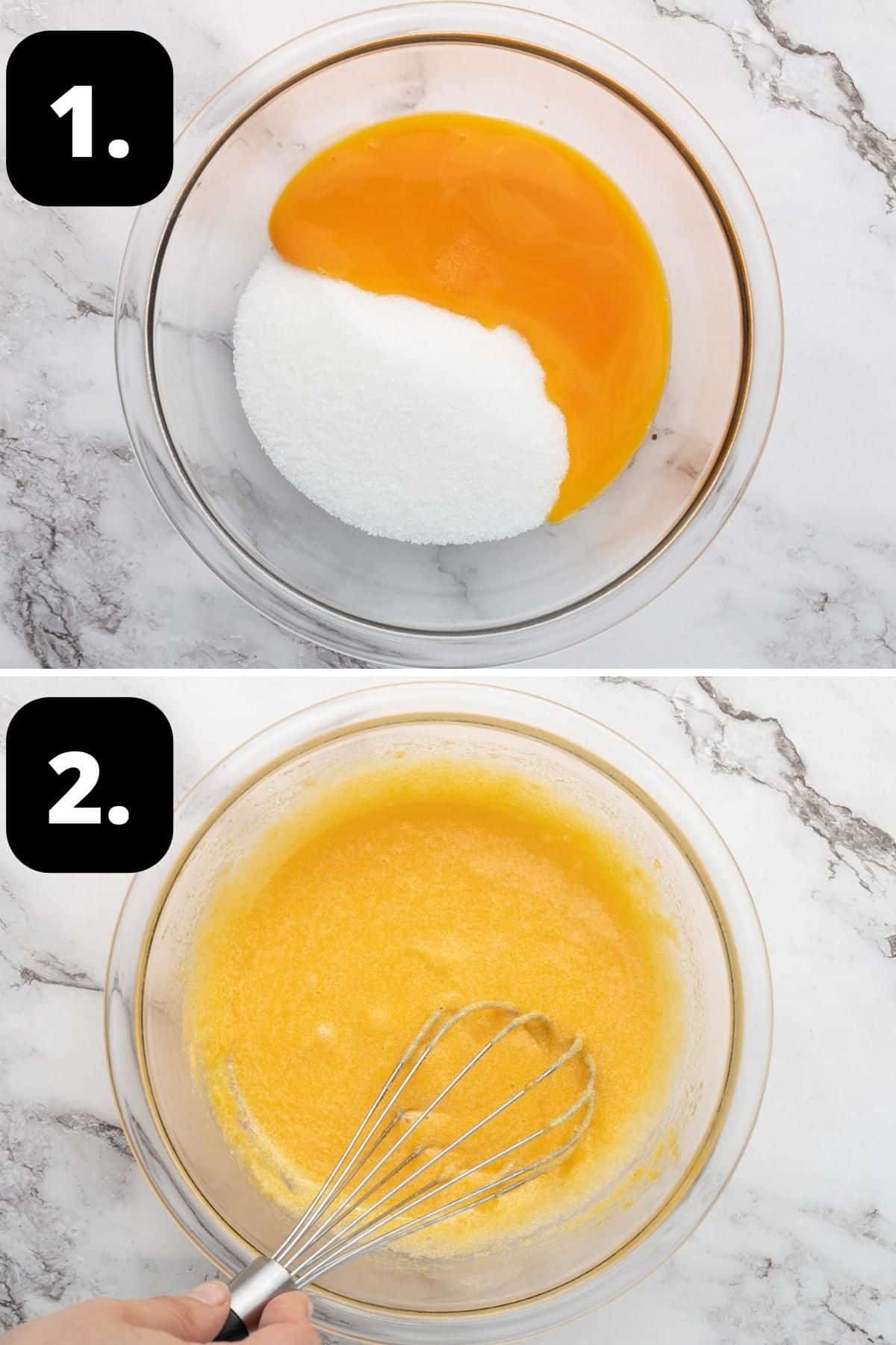 Step 1-2 of preparing this recipe - the egg yolks and sugar in glass bowl and the mixture being whisked.