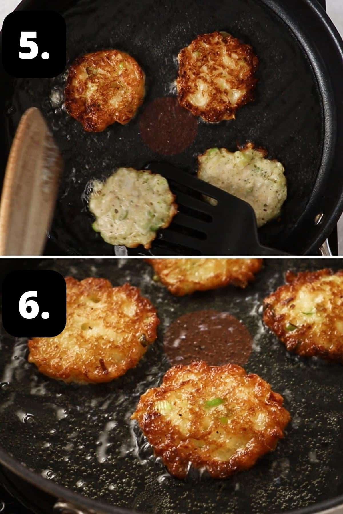 Steps 5-6 of preparing this recipe - flipping the fritters in the frying pan and the cooked patties ready to be removed.
