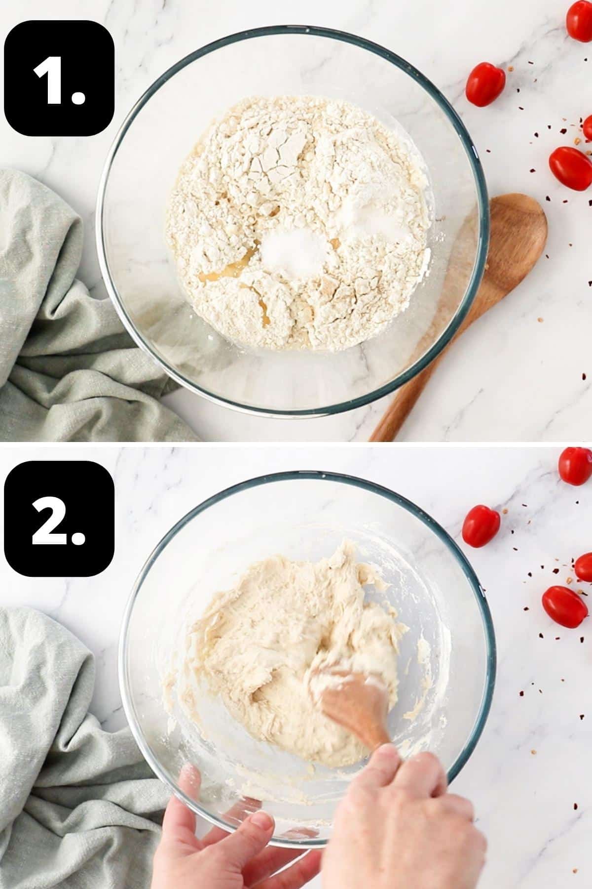Steps 1-2 of preparing this recipe - the dry ingredients in a glass bowl and mixing the dough with a wooden spoon.