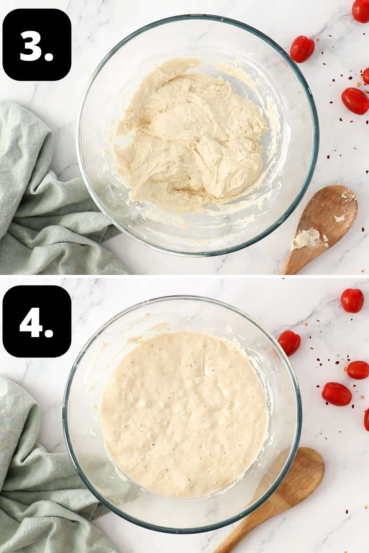 Steps 3-4 of preparing this recipe - the mixed dough ready for rising and the dough after having risen.
