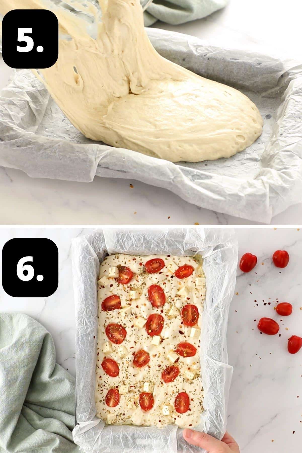 Steps 5-6 of preparing this recipe - tipping the dough into the pan and the dough topped with tomato and feta, ready to bake.