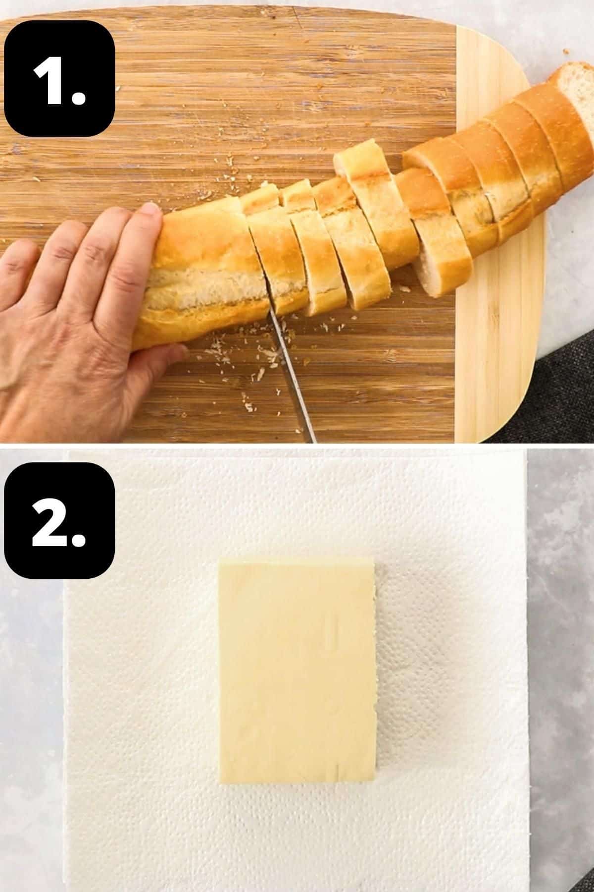 Steps 1-2 of preparing this recipe - slicing the bread and drying the tofu on paper towel.
