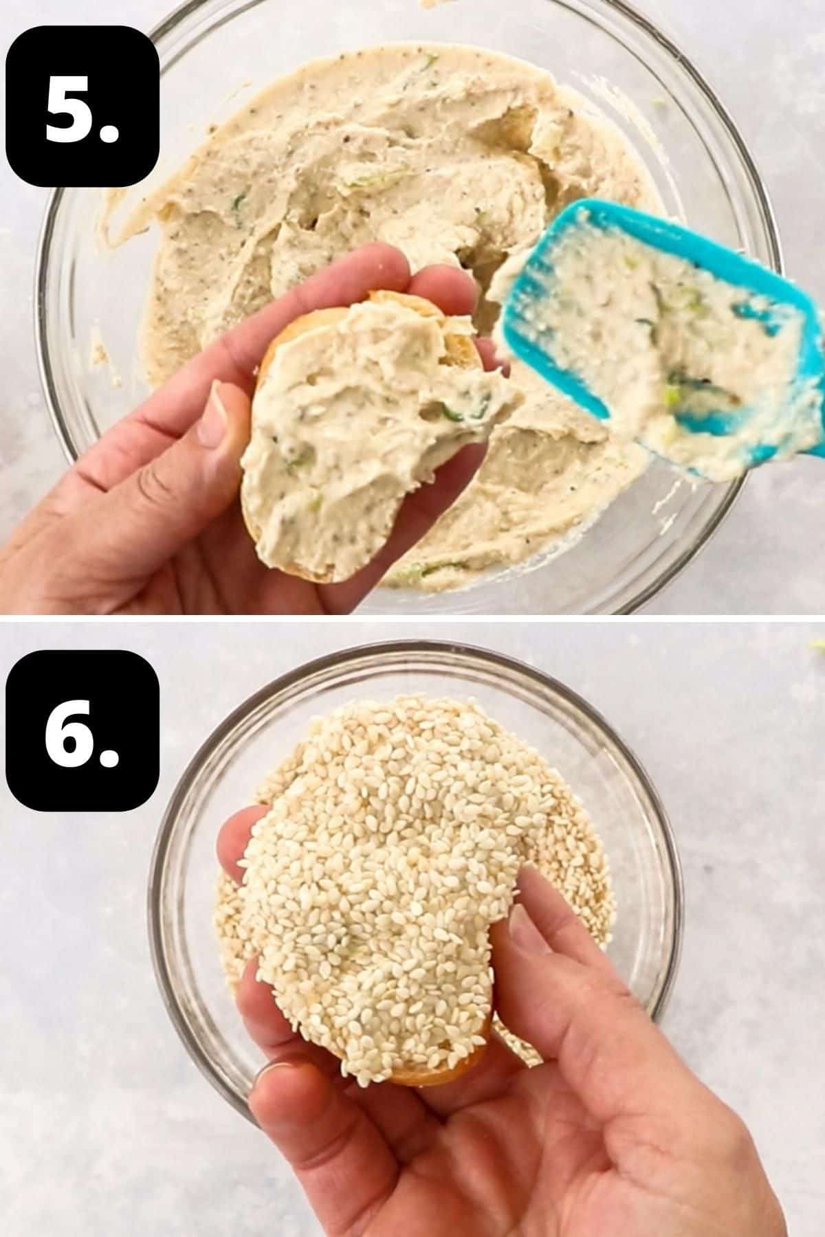 Steps 5-6 of preparing this recipe - spreading the tofu mixture onto the bread and topping with sesame seeds.
