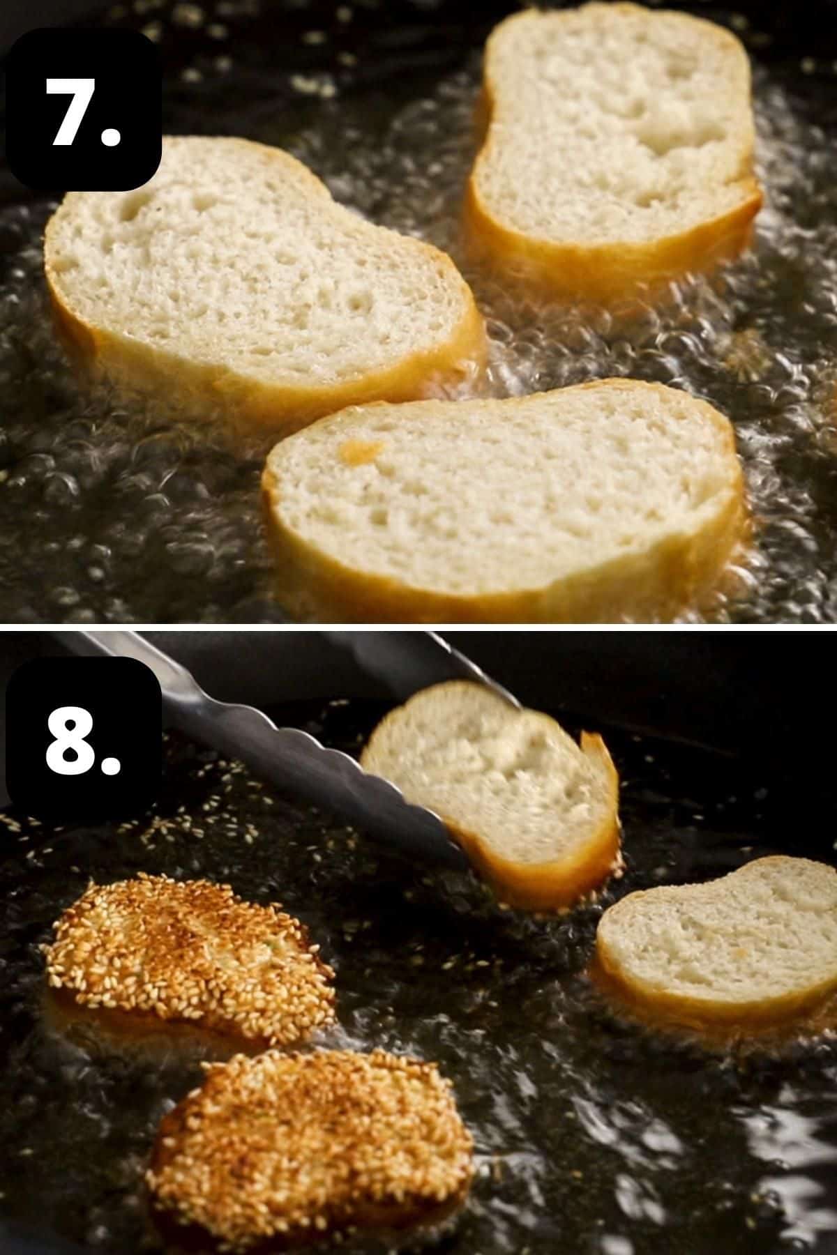 Steps 7-8 of preparing this recipe - frying the tofu toasts sesame seed side down and flipping the toasts to fry the other side.