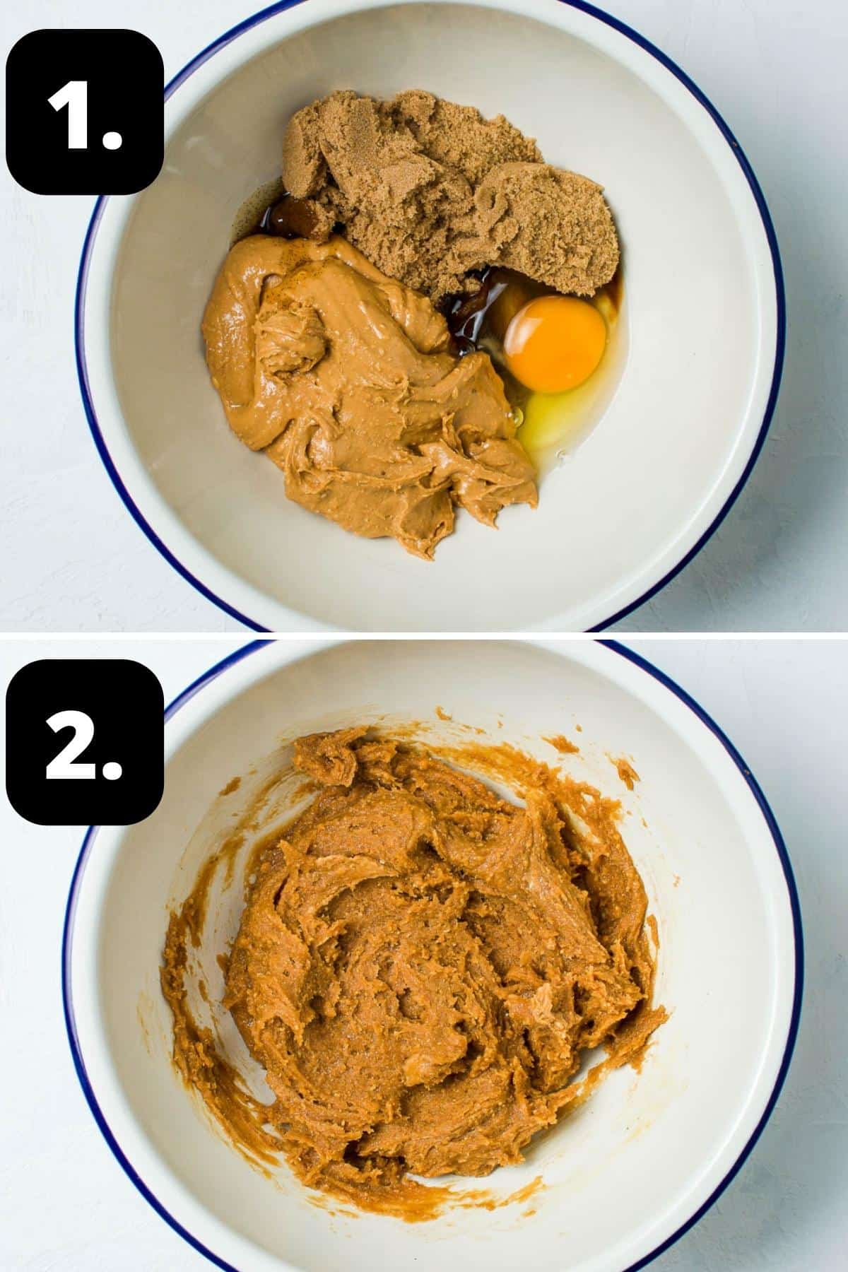 Steps 1-2 of preparing this recipe - the ingredients in a bowl and the ingredients combined.