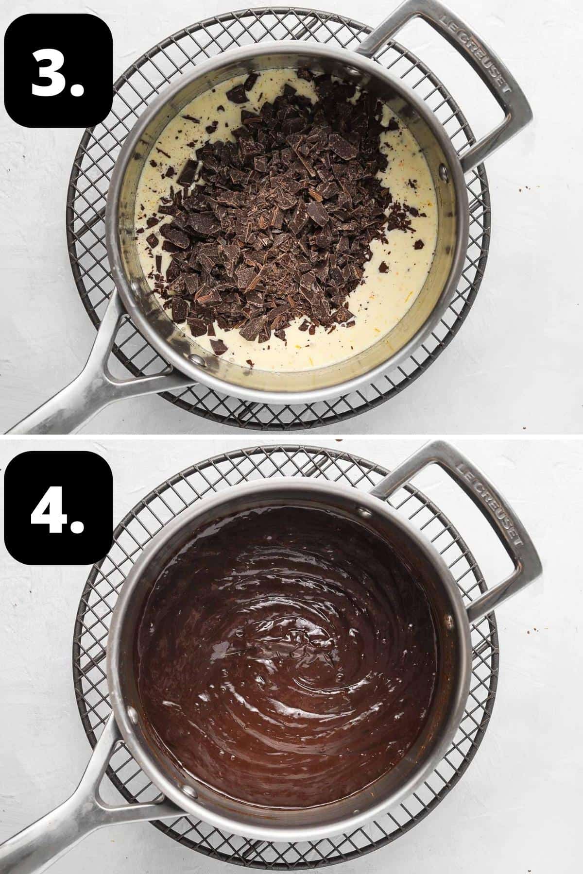 Steps 3-4 of preparing this recipe - the chopped chocolate added to the cream and the mixture combined.