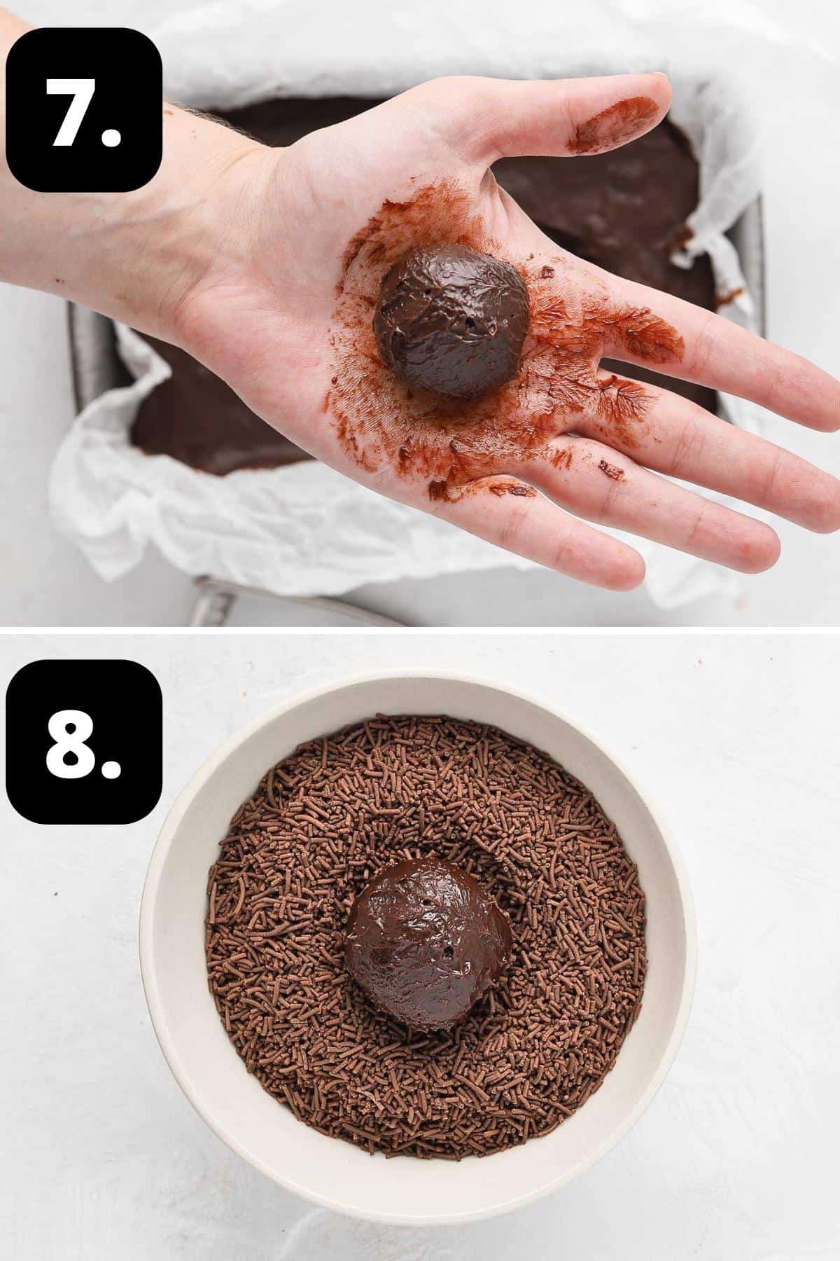Steps 7-8 of preparing this recipe - the rolled chocolate truffles and coating in the chocolate sprinkles.
