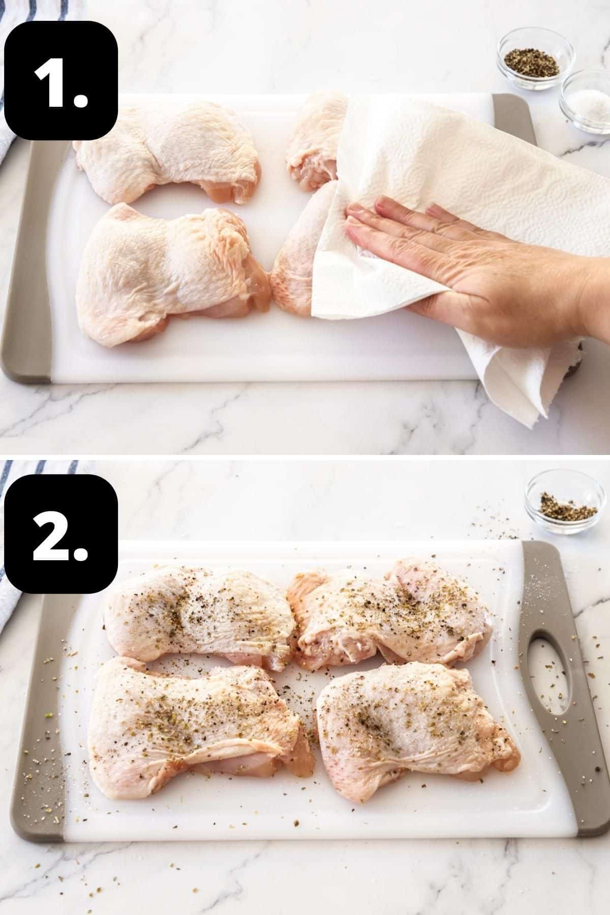 Steps 1-2 of preparing this recipe - patting the chicken thighs with paper towel and seasoning them.