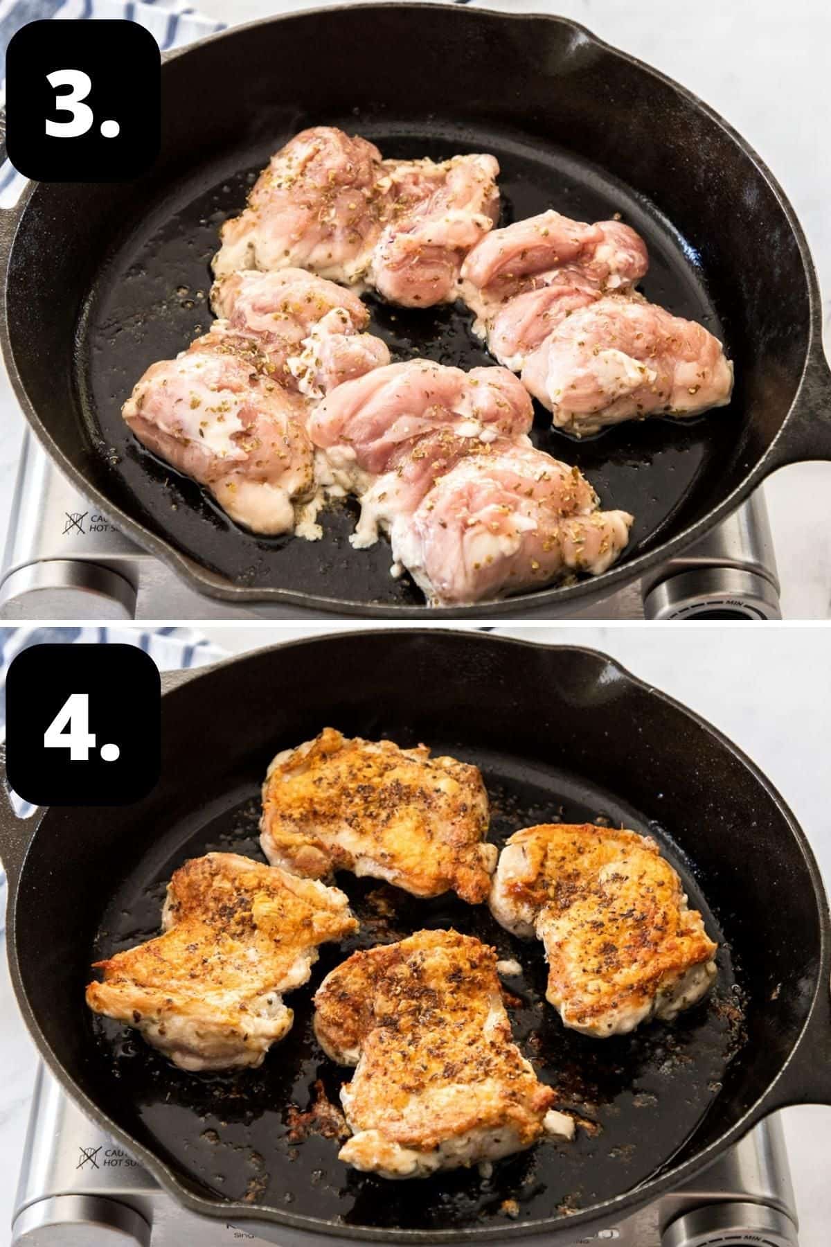 Steps 3-4 of preparing this recipe - the thighs skin side down in a cast iron skillet and turning to cook on the other side.