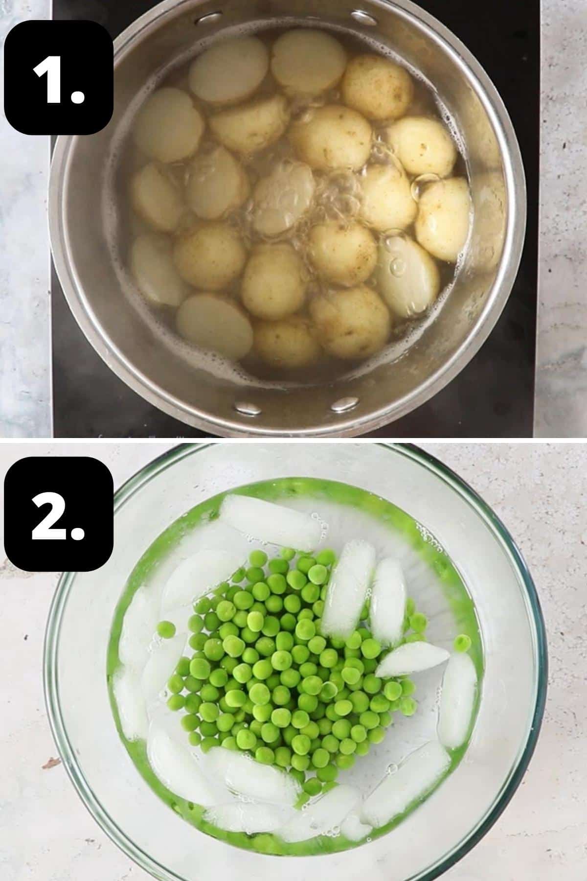 Steps 1-2 of preparing this recipe - boiling the potatoes and the cooked peas in a bowl of iced water.