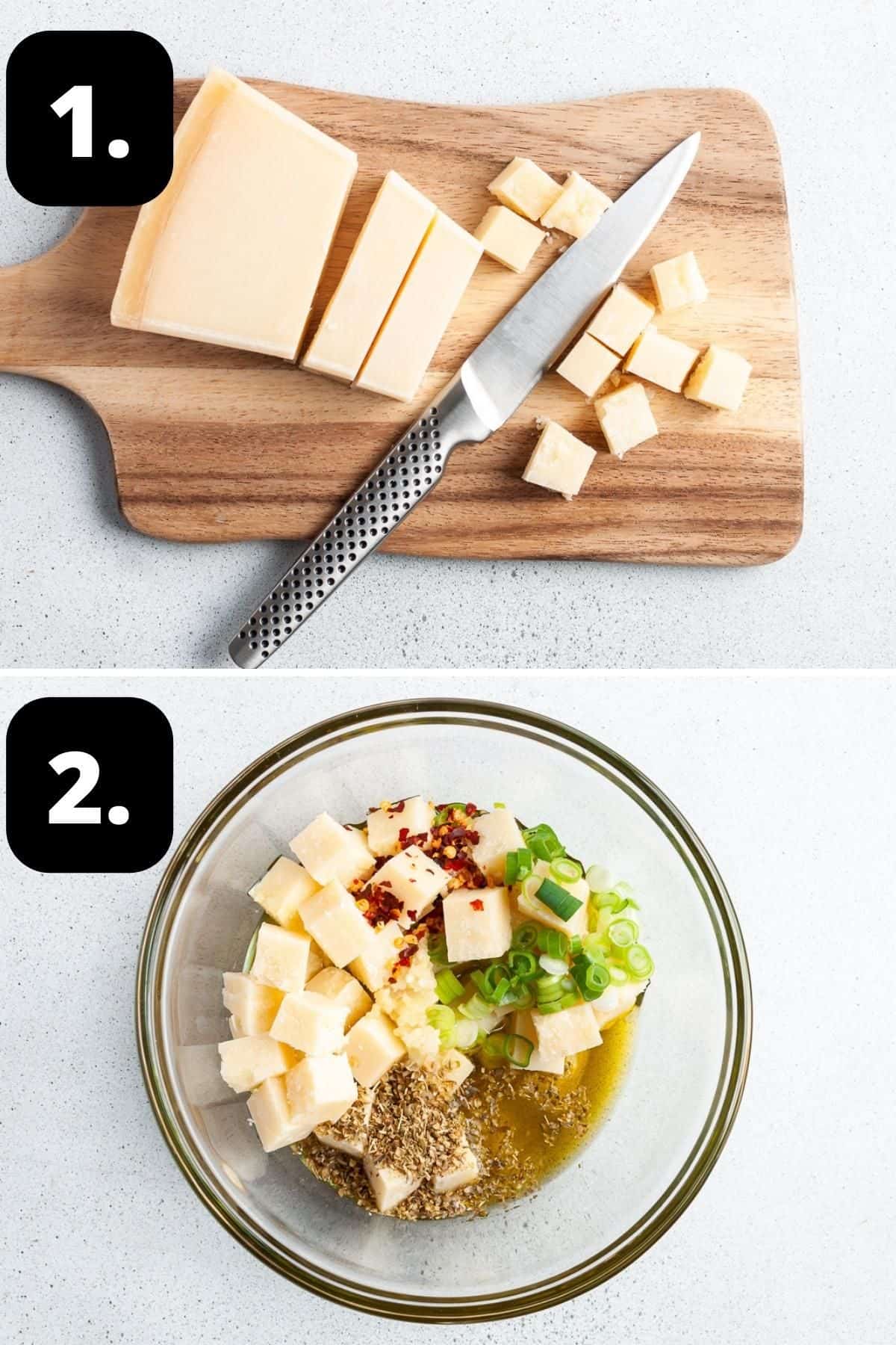 Steps 1-2 of preparing this recipe - cutting the Parmesan cheese and all of the ingredients in a bowl ready to mix.