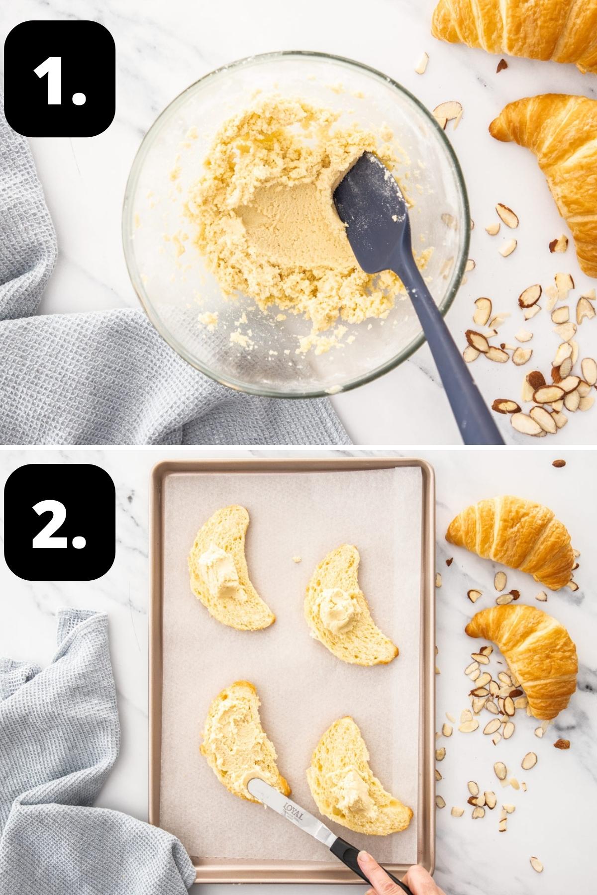 Steps 1-2 of preparing this recipe - making the almond filling and spreading croissant halves with the almond filling.