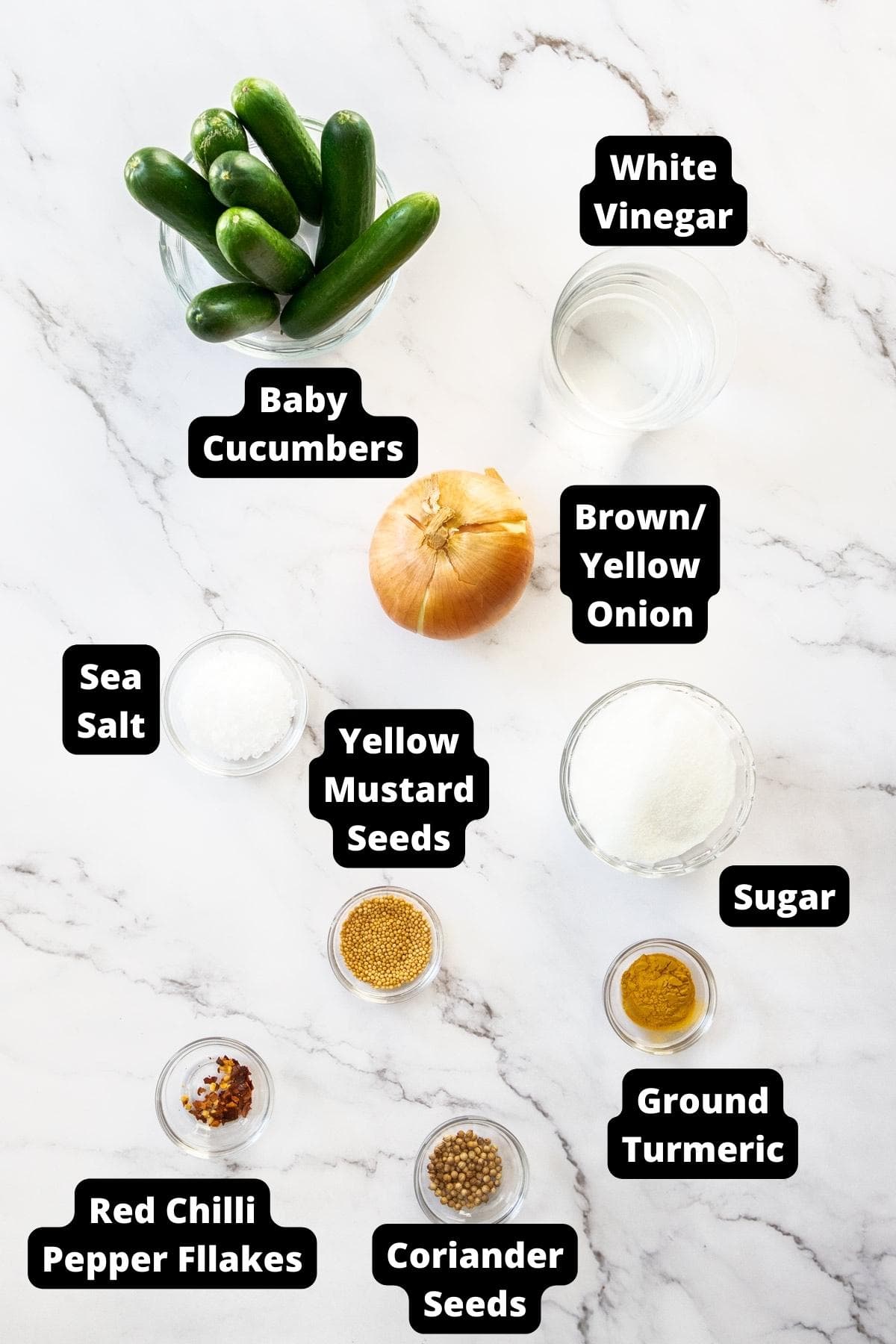 Ingredients in this recipe on a white marble background.