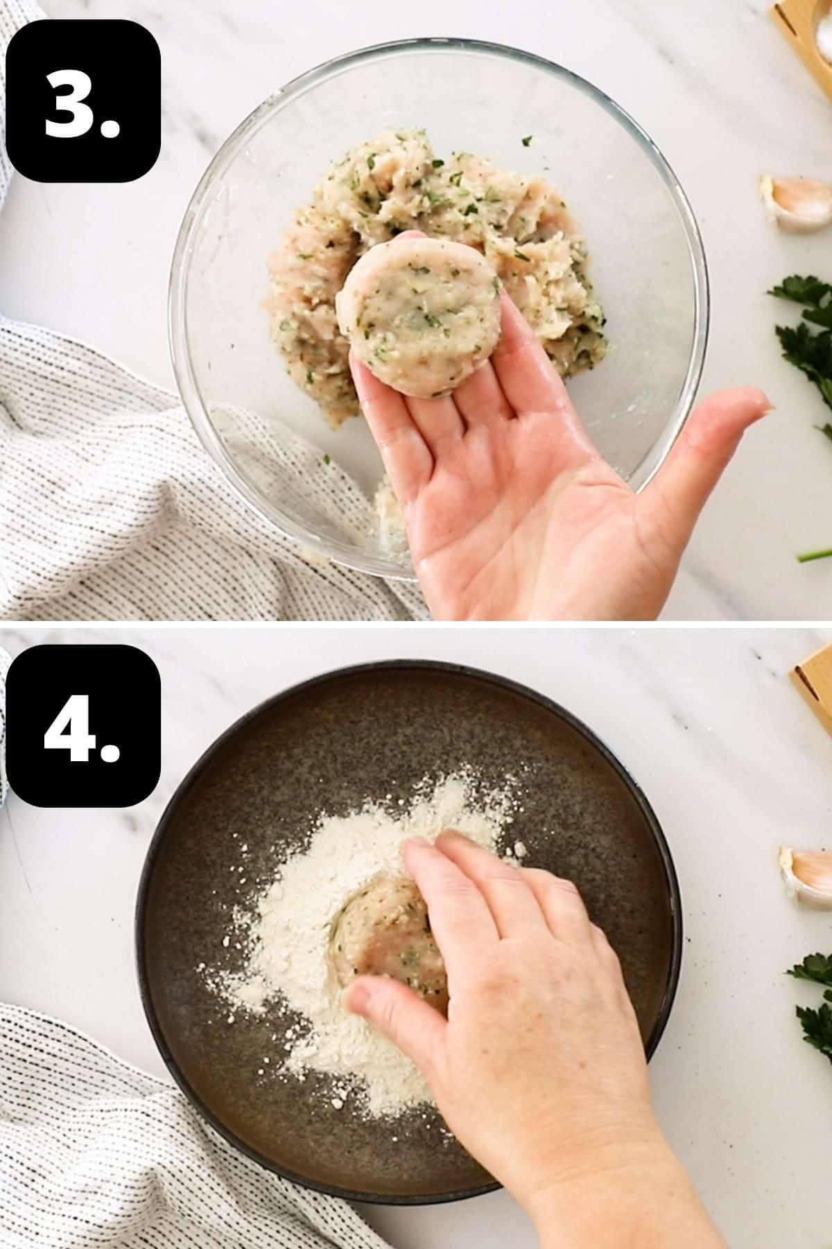Steps 3-4 of preparing this recipe - shaping the patties and then coating in flour.
