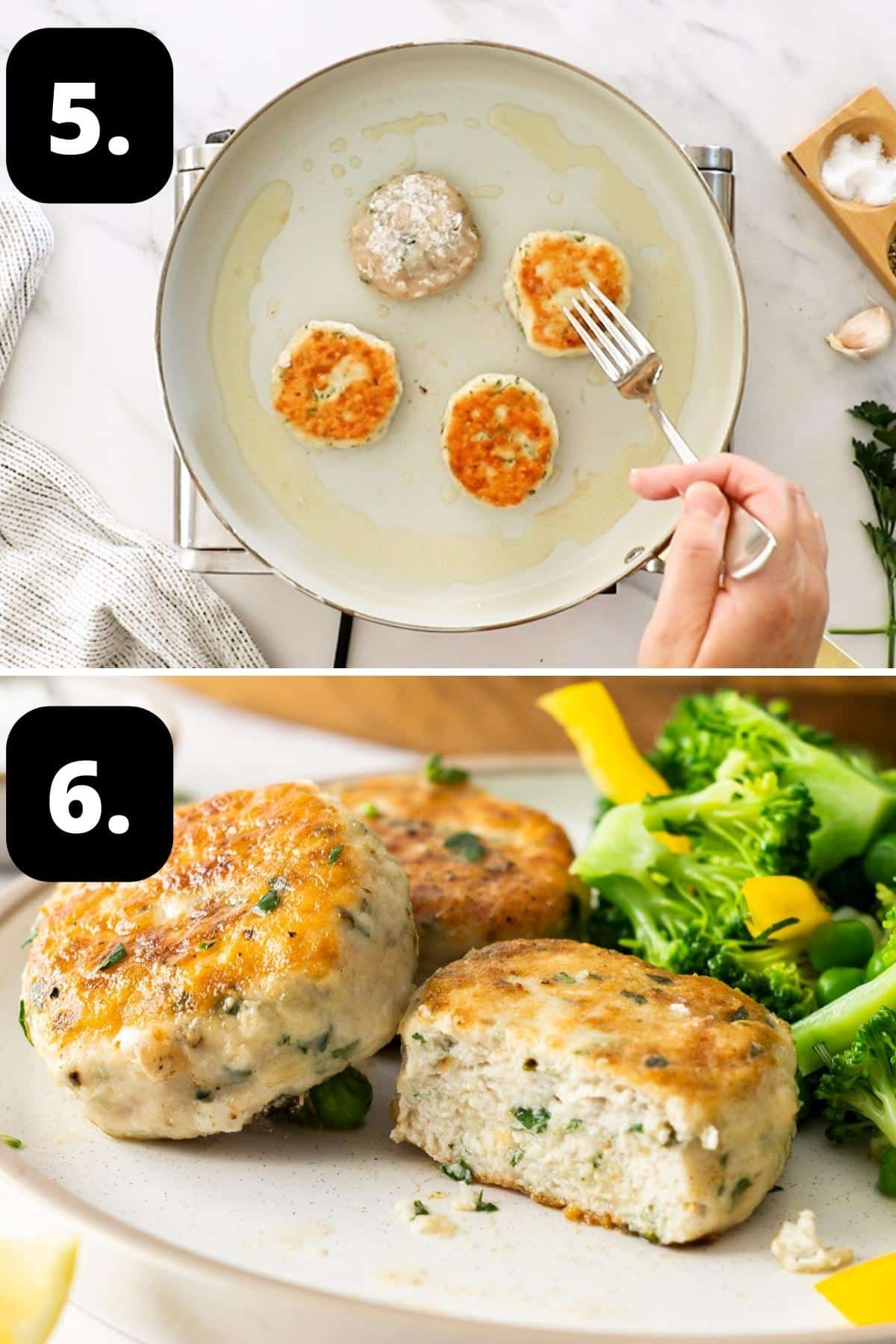 Steps 5-6 of preparing this recipe - cooking the patties in a frying pan and the cooked patties on a plate.
