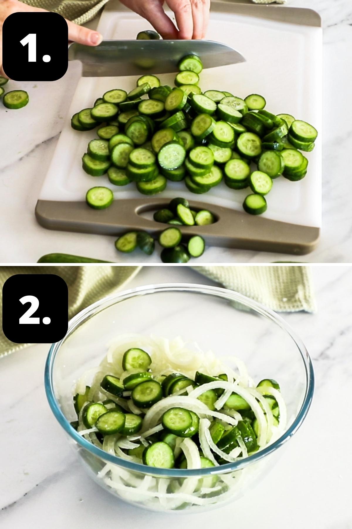 Steps 1-2 of preparing this recipe - slicing the cucumbers thinly, and the cucumber in a bowl along with the onion and salt.