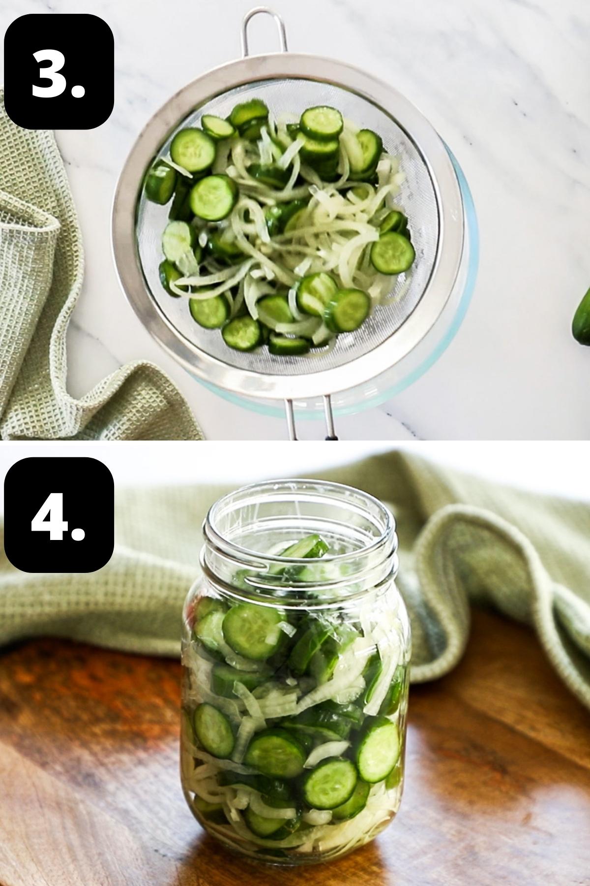 Steps 3-4 of preparing this recipe - the onion and cucumber being drained and the slices placed into a sterilised jar.