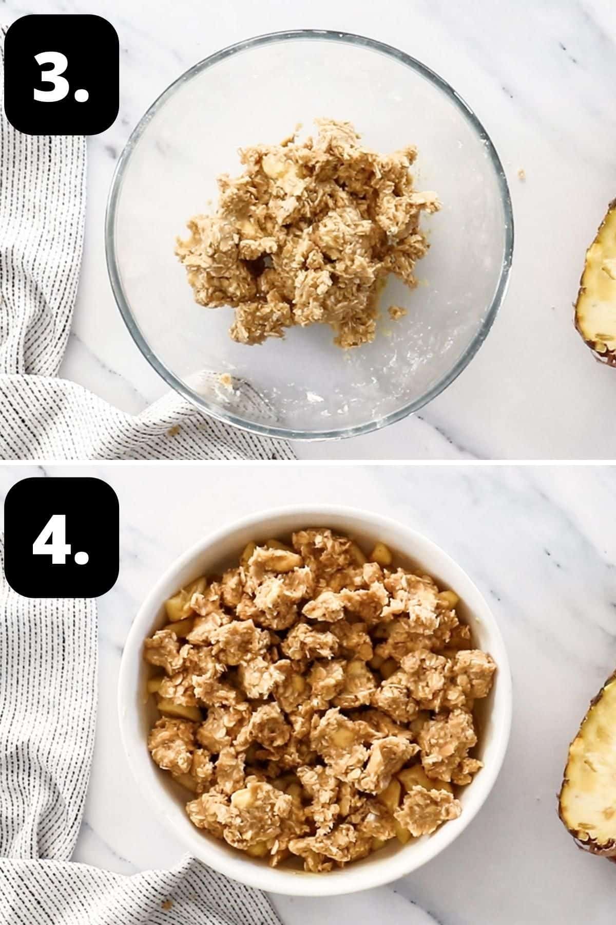 Steps 3-4 of preparing this recipe - making the crumble topping in a bowl, and the dish with the topping ready to bake.