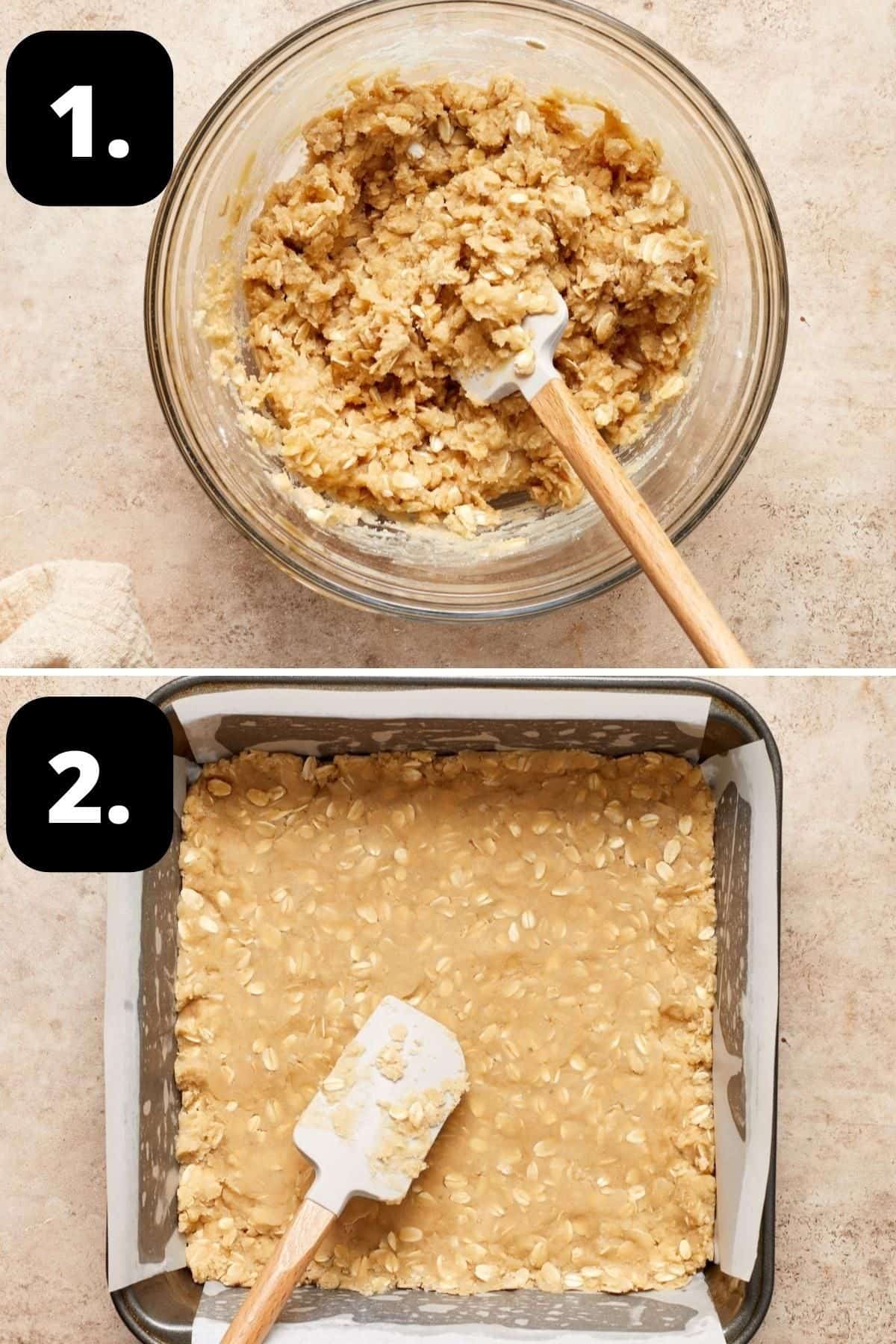 Steps 1-2 of preparing this recipe - the oatmeal mixture in a glass bowl, and pressing down the base in a baking tin.