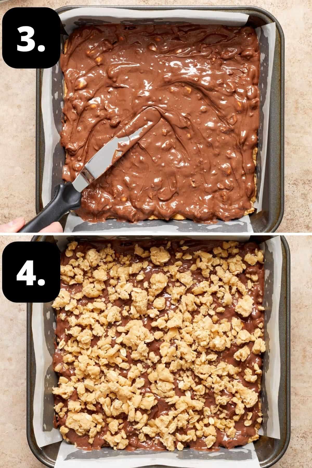 Steps 3-4 of preparing this recipe - topping the base with the Nutella mixture and adding the remaining crumble to the top.