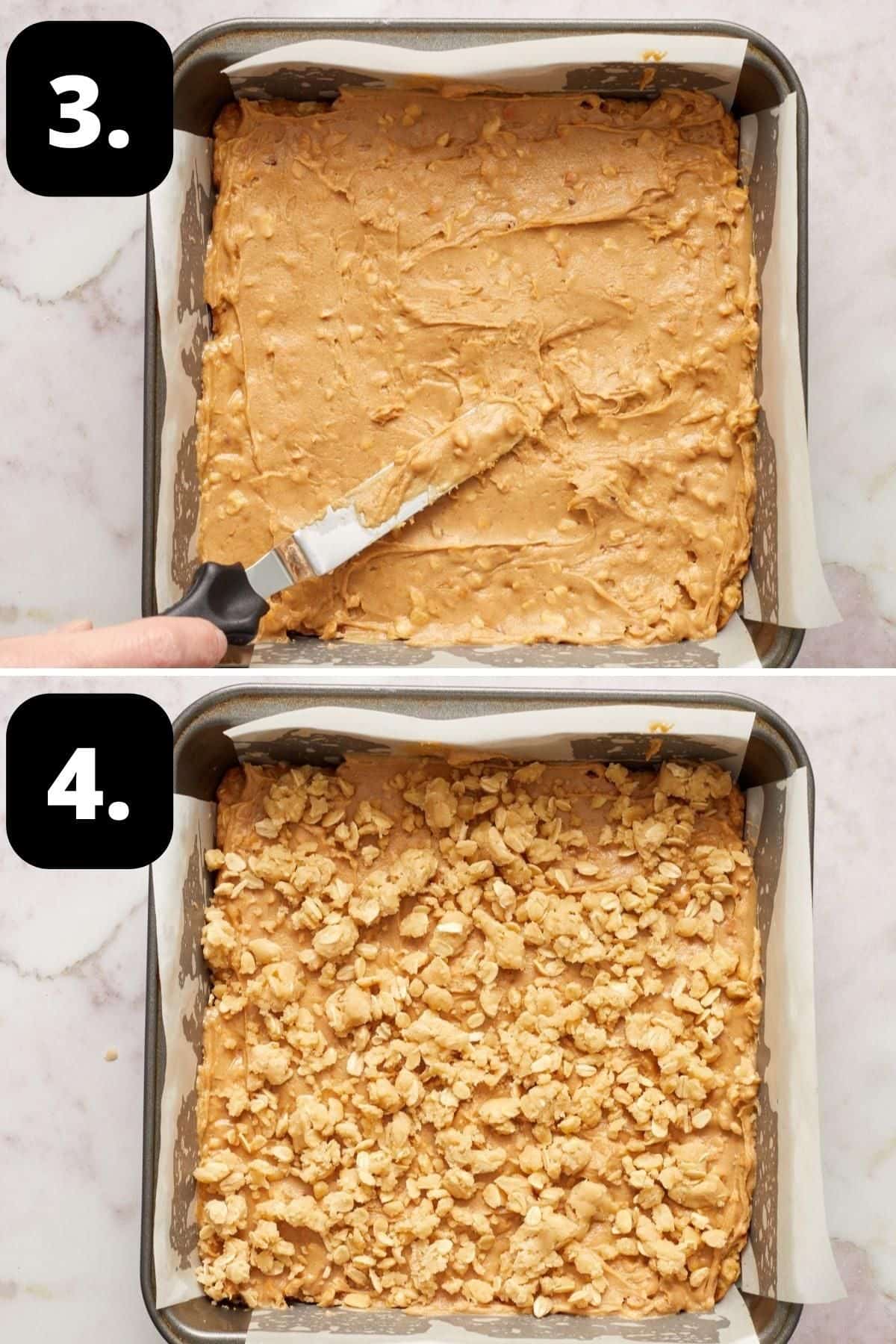 Steps 3-4 of preparing this recipe - topping the base with Peanut Butter mixture and adding the remaining crumble to the top.