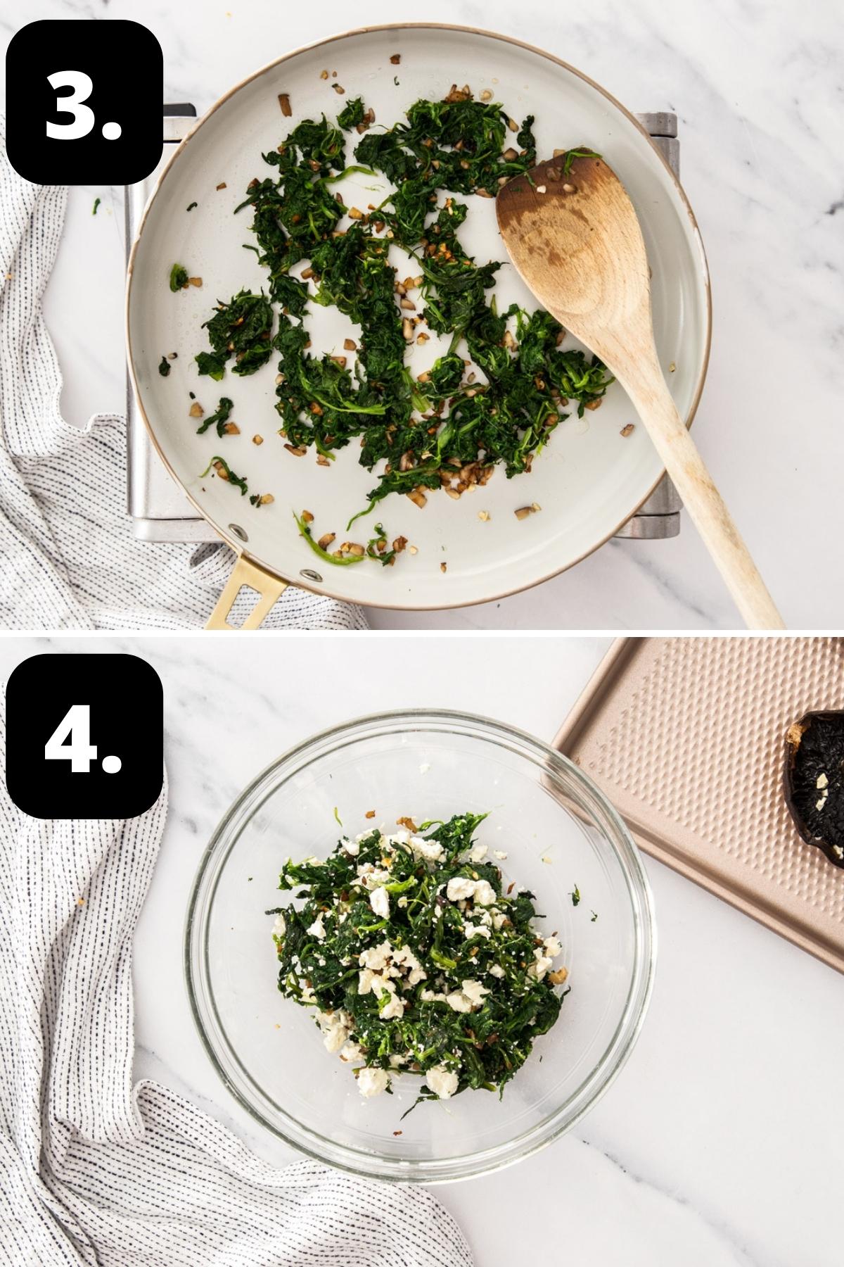 Steps 3-4 of preparing this recipe - cooking the spinach filling in a pan and the spinach and cheese in a bowl.