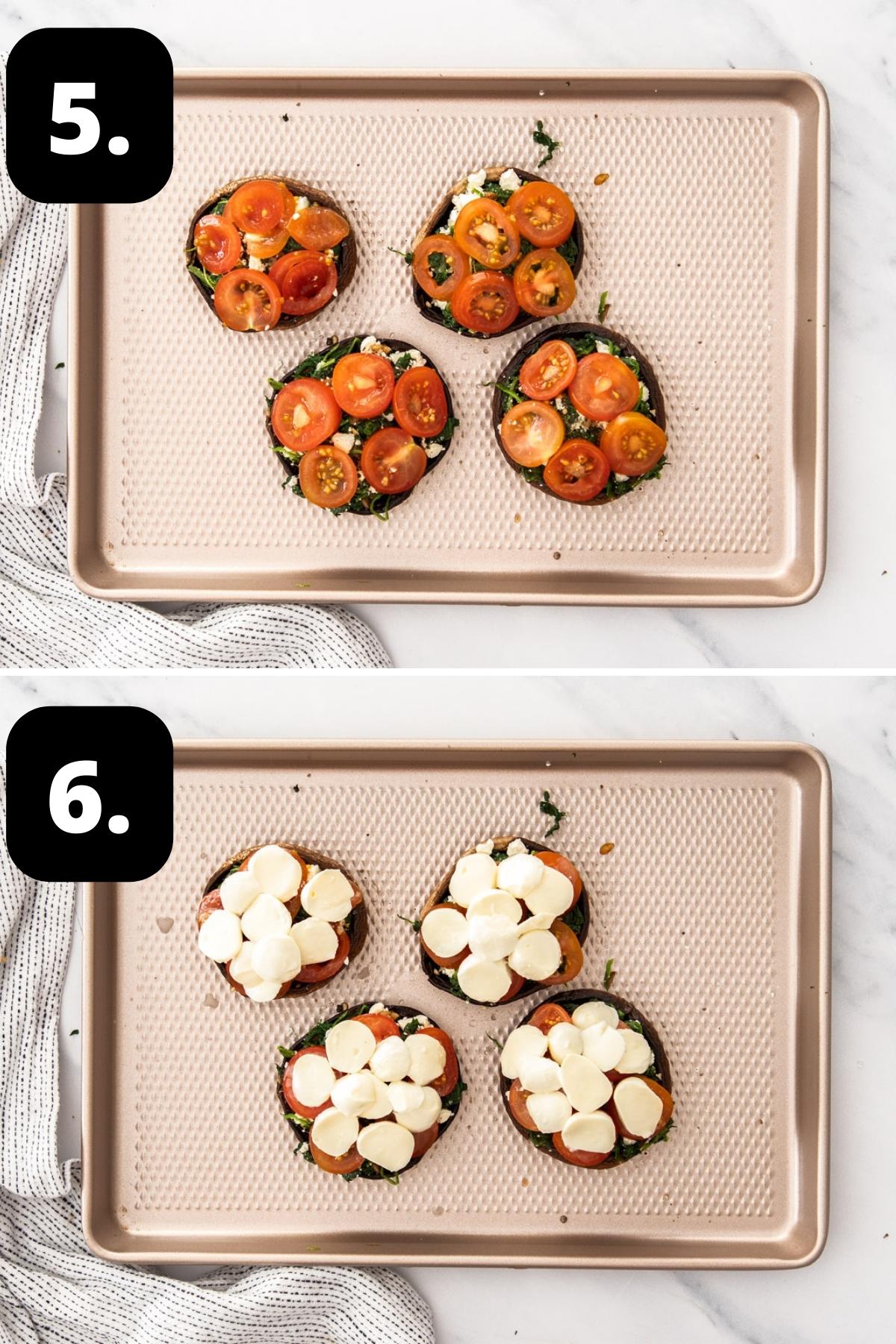 Steps 5-6 of preparing this recipe - adding the spinach filling and tomatoes to the mushrooms and topping with bocconcini.