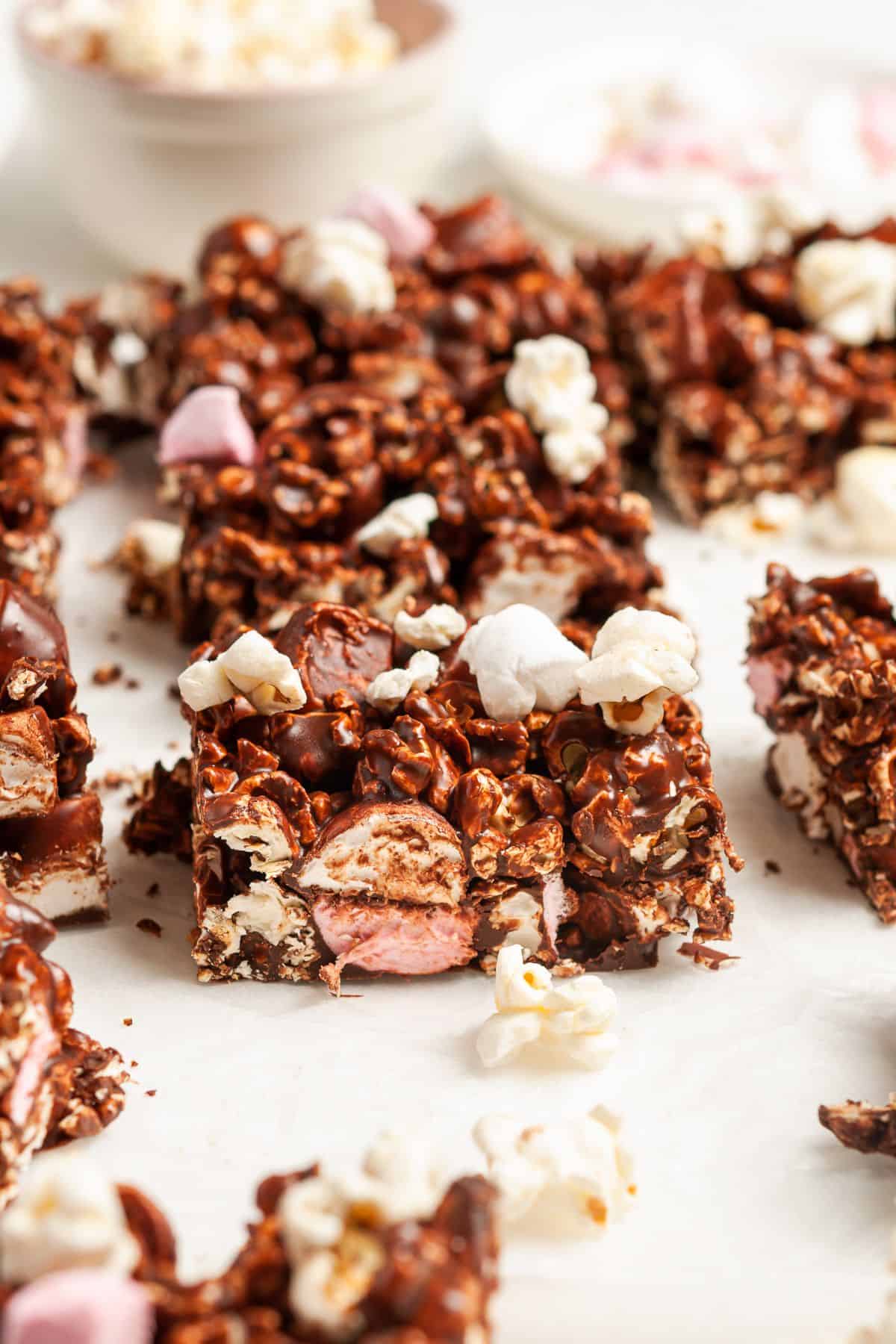 Shot of popcorn bars to show the filling of marshmallows and chocolate.