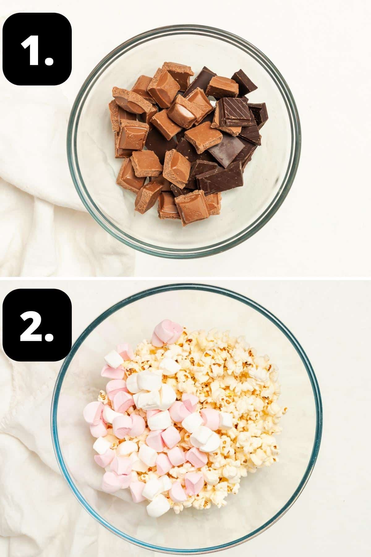 Steps 1-2 of preparing this recipe - chocolate in a bowl ready to be melted and the popcorn and marshmallows in another bowl.
