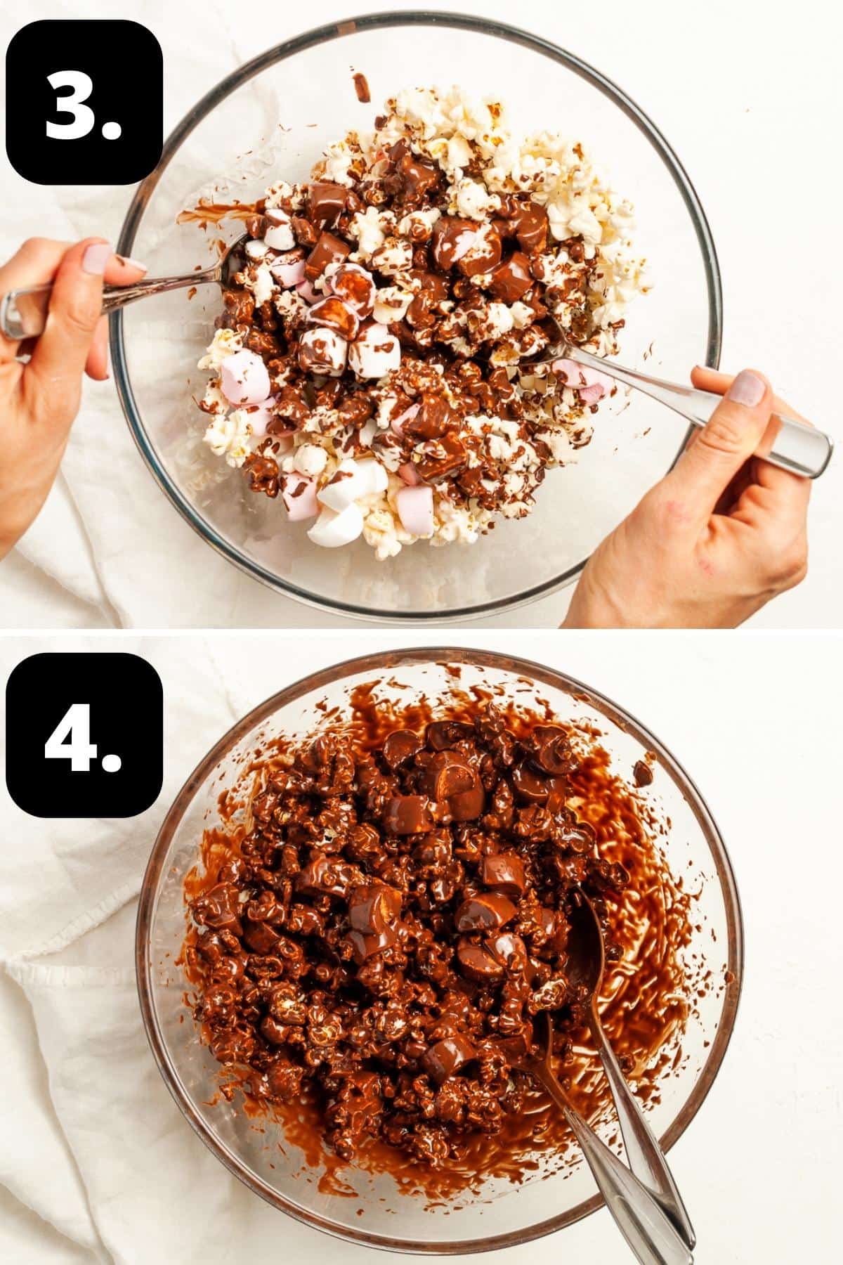 Steps 3-4 of preparing this recipe - tossing the popcorn and marshmallows with the melted chocolate and the mixture combined.