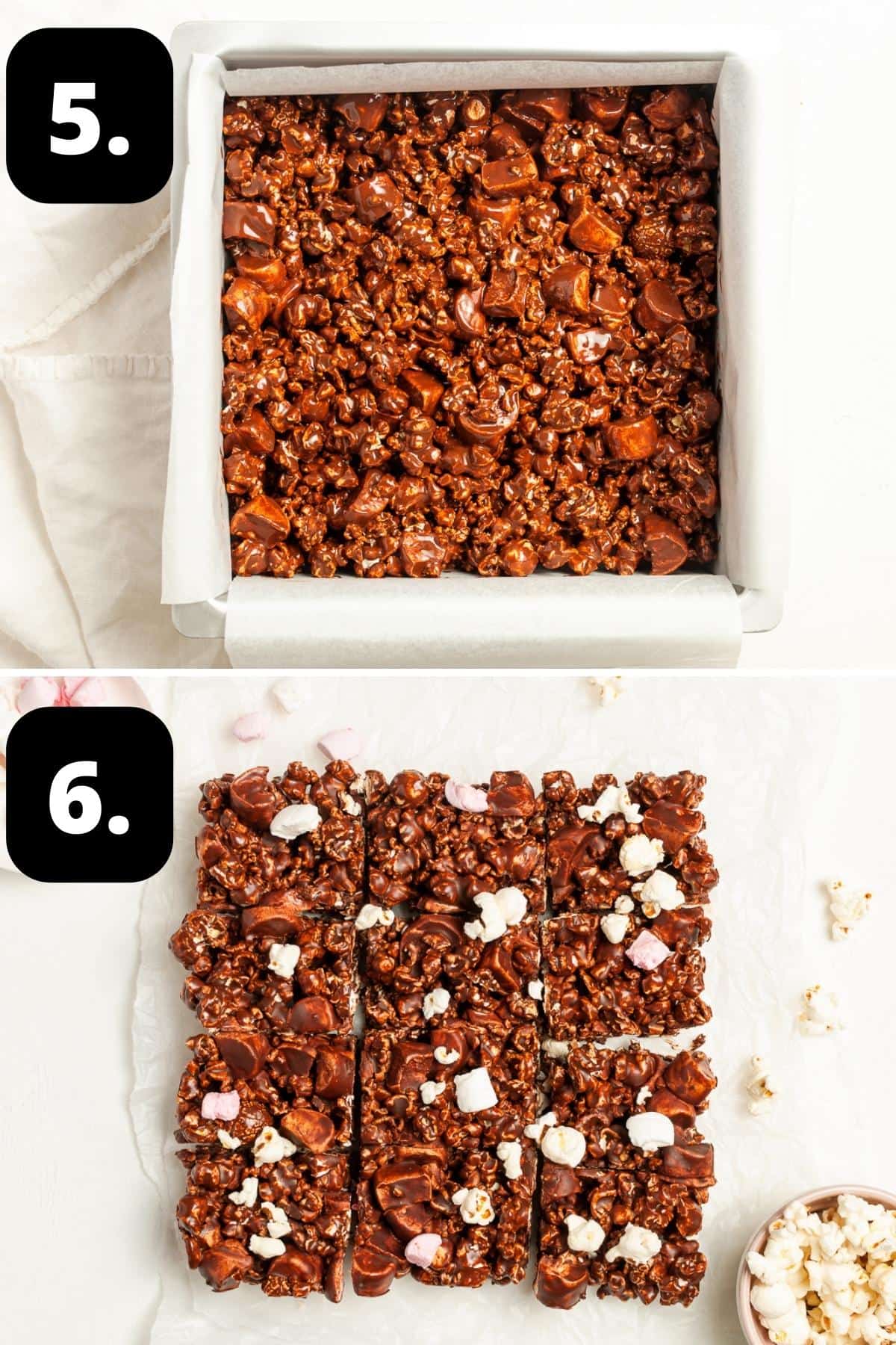 Steps 5-6 of preparing this recipe - the mixture in a tin ready to set and the set mixture cut into bars.