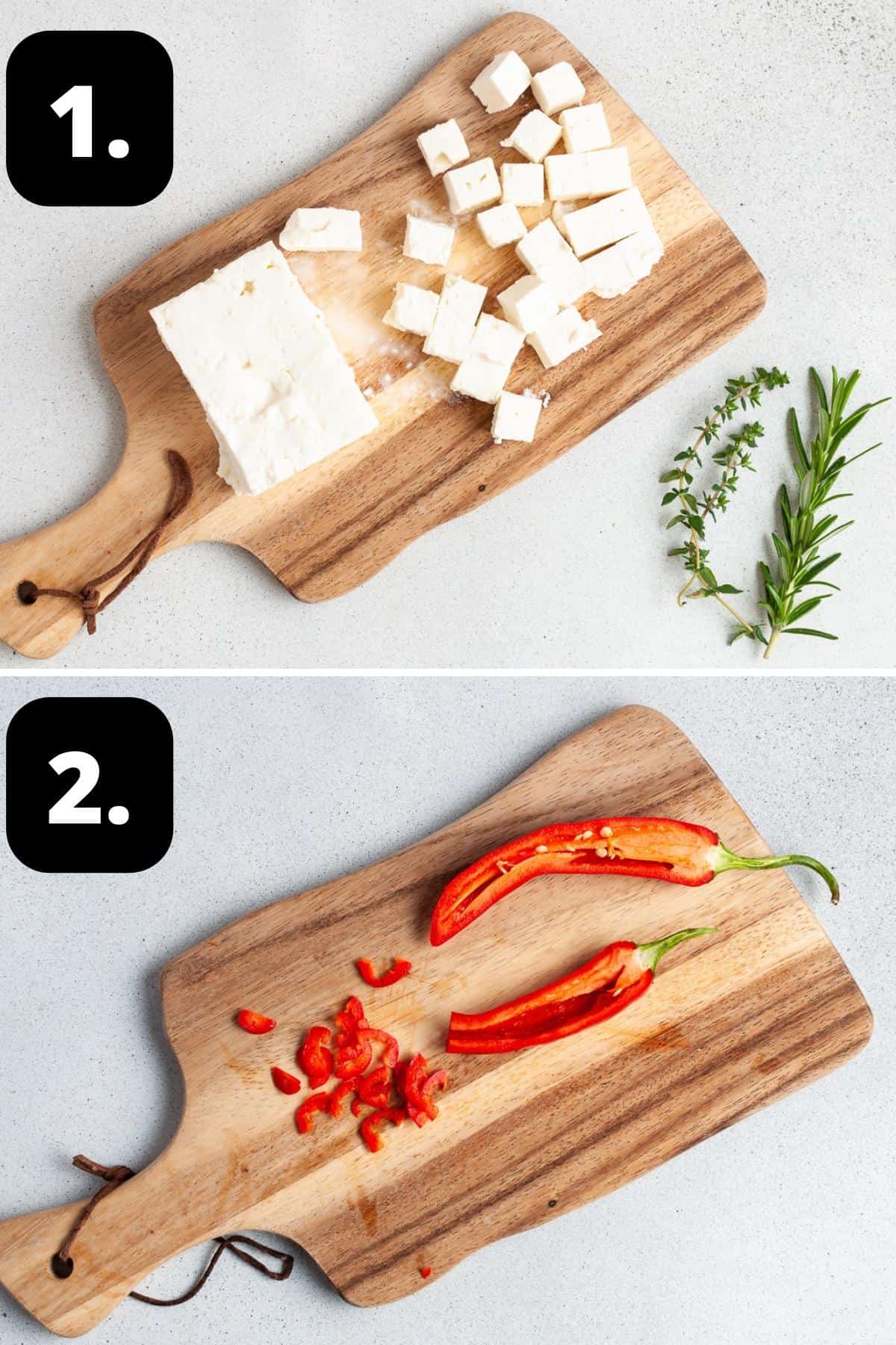 Steps 1-2 of preparing this recipe - chopping up the feta cheese and slicing the red chilli peppers.