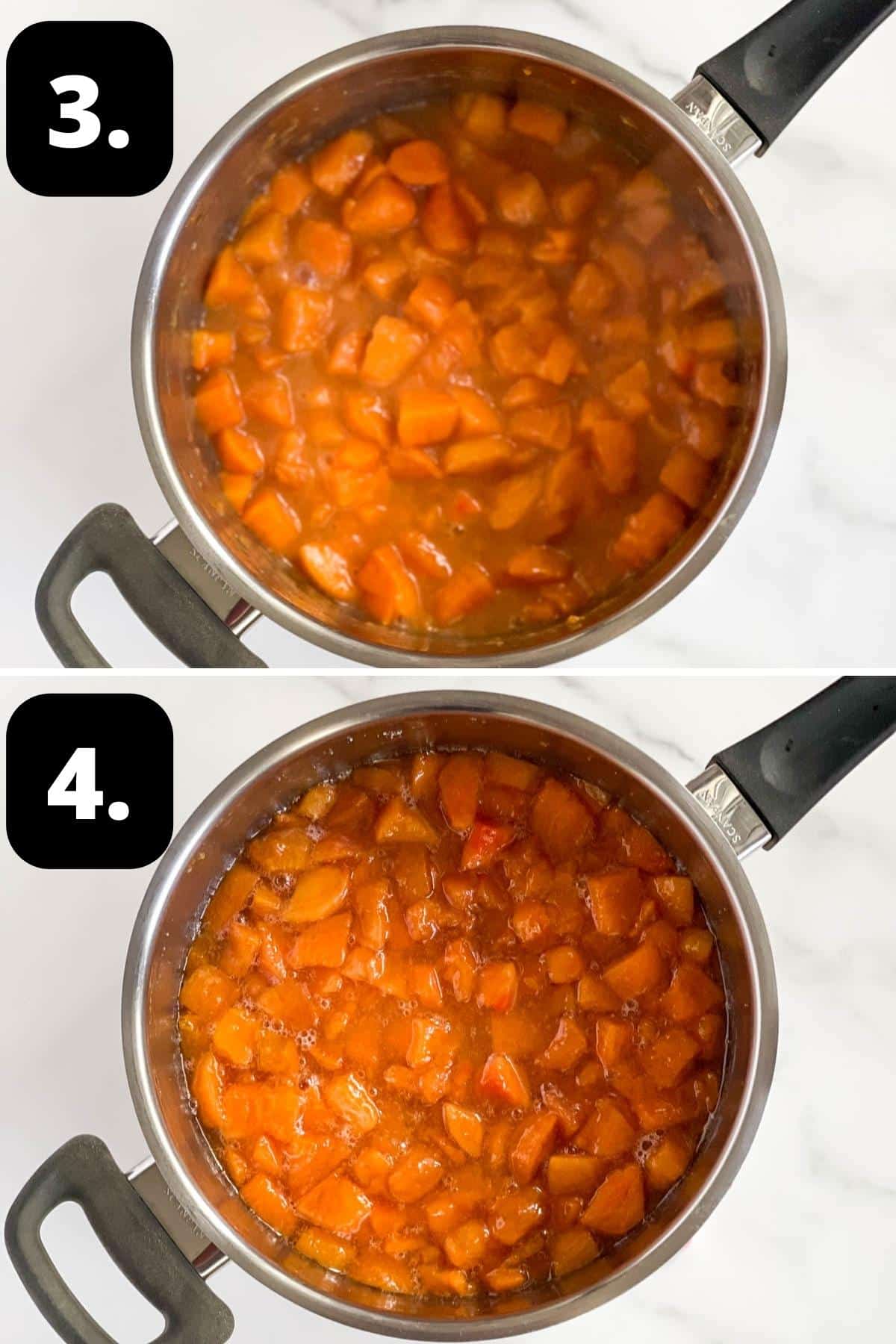Steps 3-4 of preparing this recipe - the softened Persimmon and once the sugar has been added.