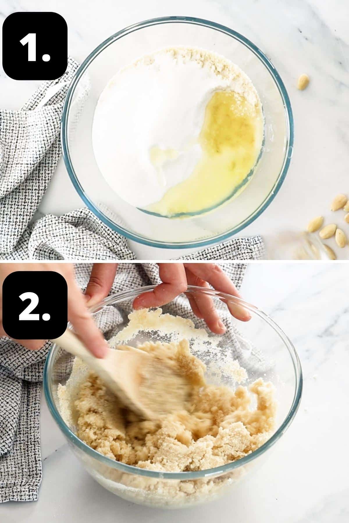 Steps 1-2 of preparing this recipe - the ingredients in a glass bowl and the mixture being combined with a wooden spoon.