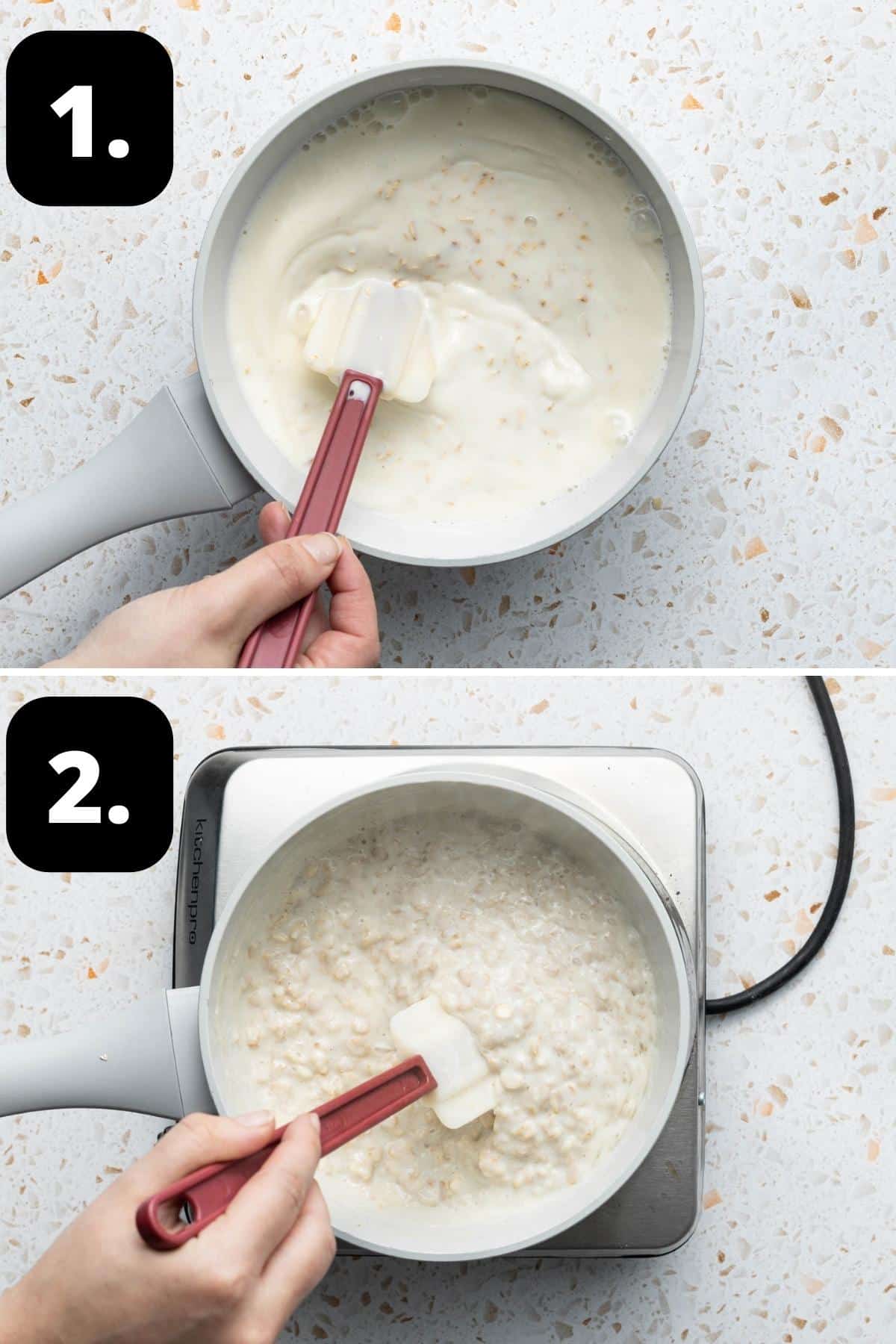 Steps 1-2 of preparing this recipe - the ingredients in a saucepan and cooking the porridge.
