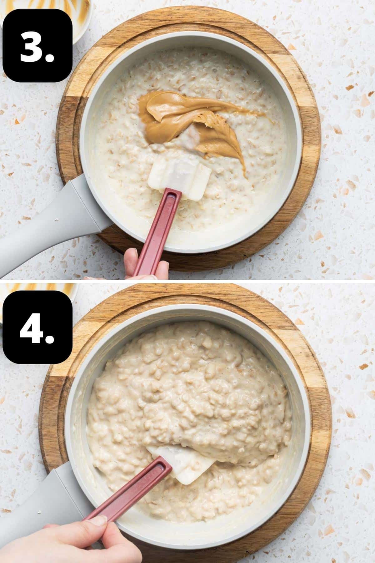 Steps 3-4 of preparing this recipe - adding the peanut butter to the cooked porridge and the combined mixture.
